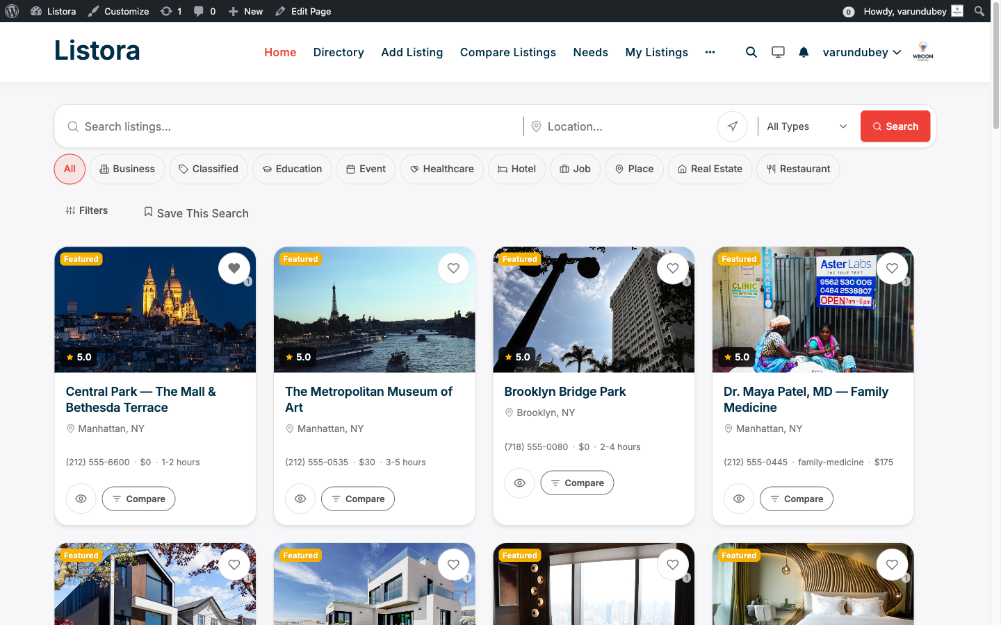 WB Listora - directory site homepage on the modernized 1.0.5 UI