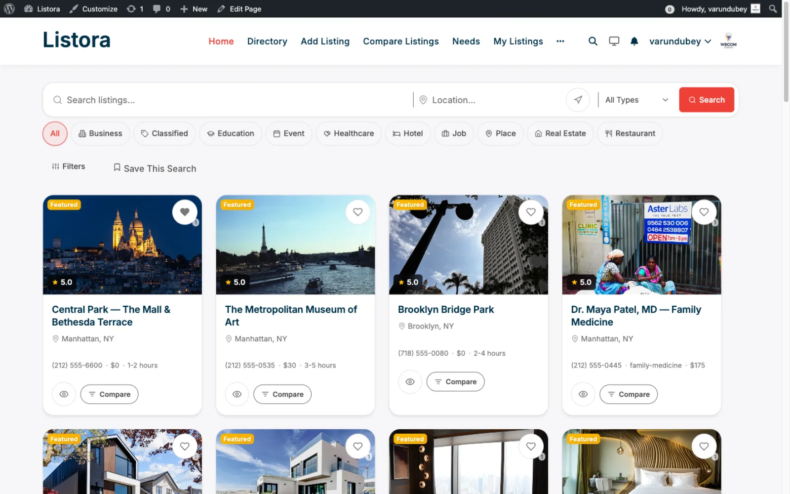 Live directory homepage with featured listings, search bar, and category grid