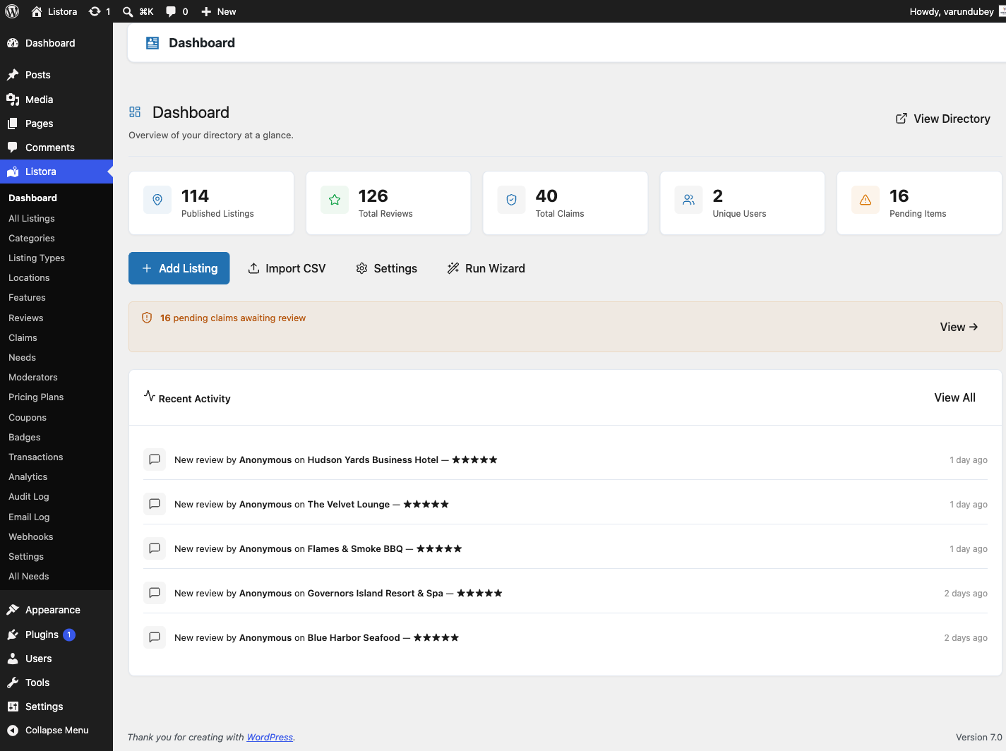 Listora Dashboard — first-look admin overview after activation
