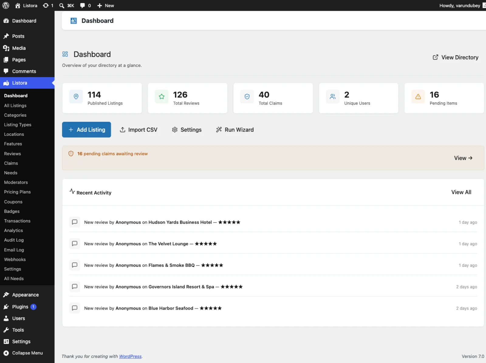 Listora Dashboard - first-look admin overview after activation