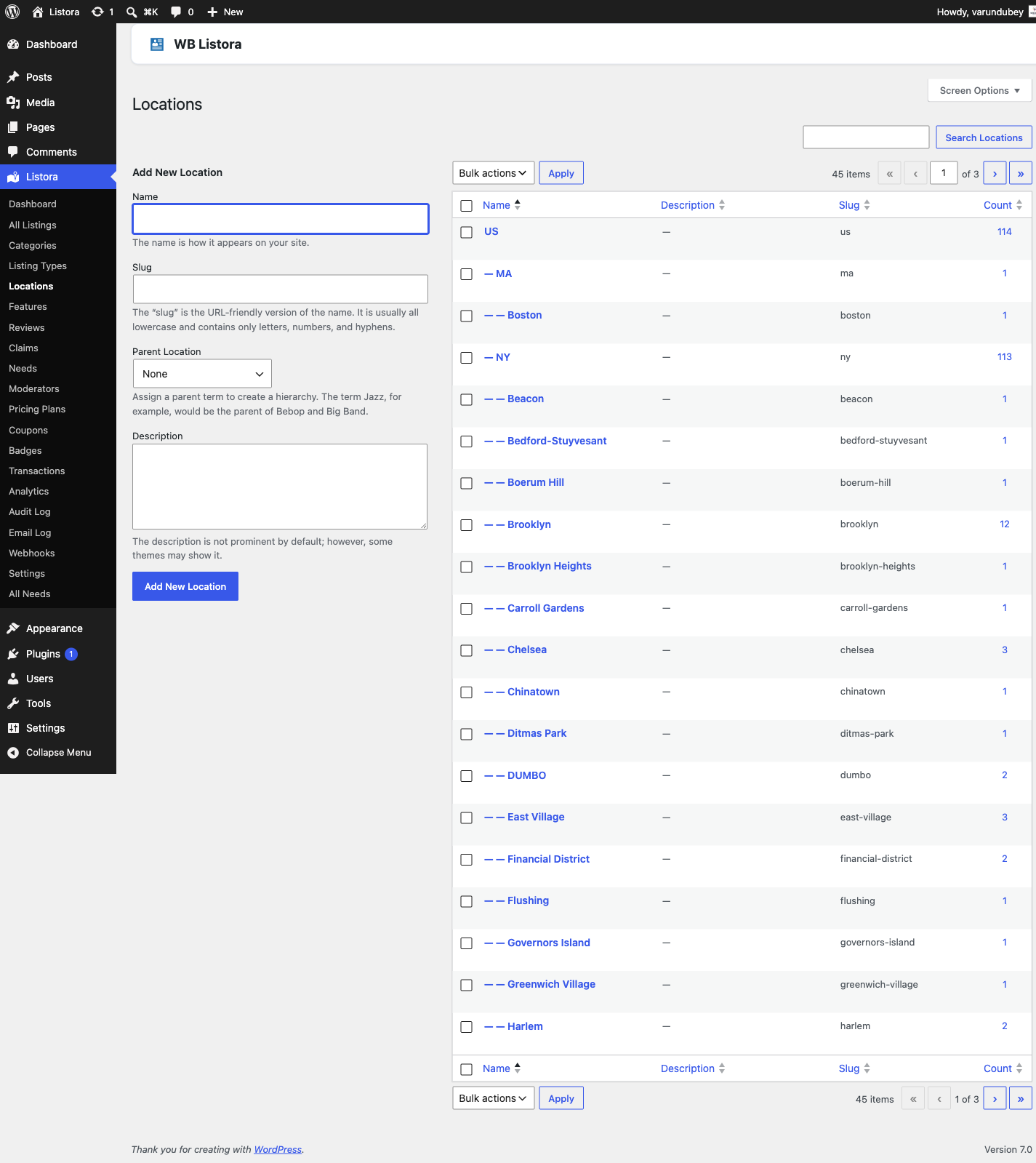Locations — admin page showing the Country → State → City hierarchy with listing counts