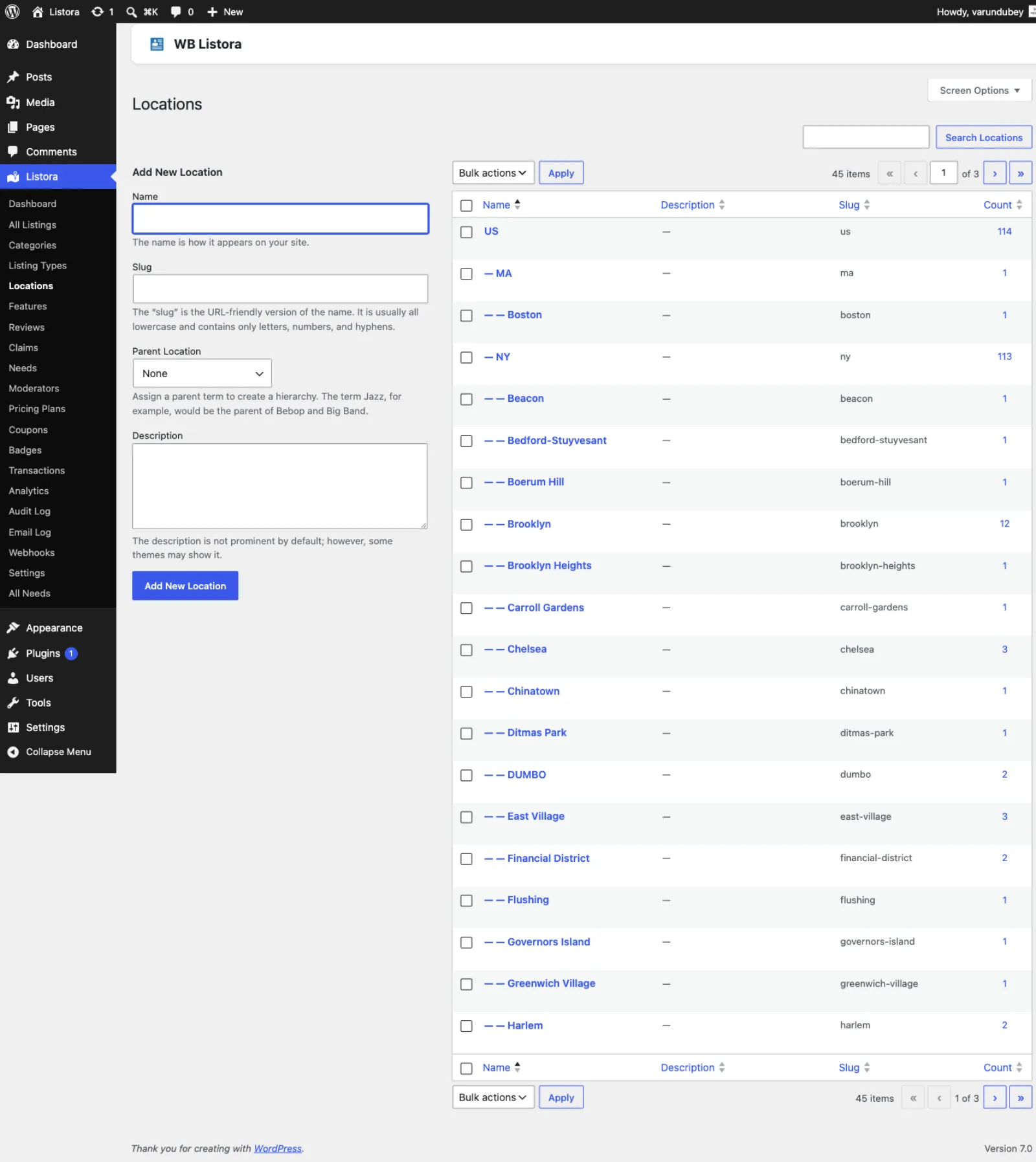 Locations - admin page showing the Country → State → City hierarchy with listing counts