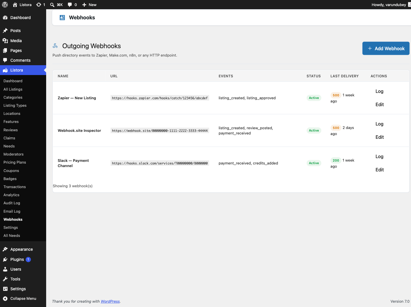 Outgoing Webhooks admin — endpoint list with delivery status