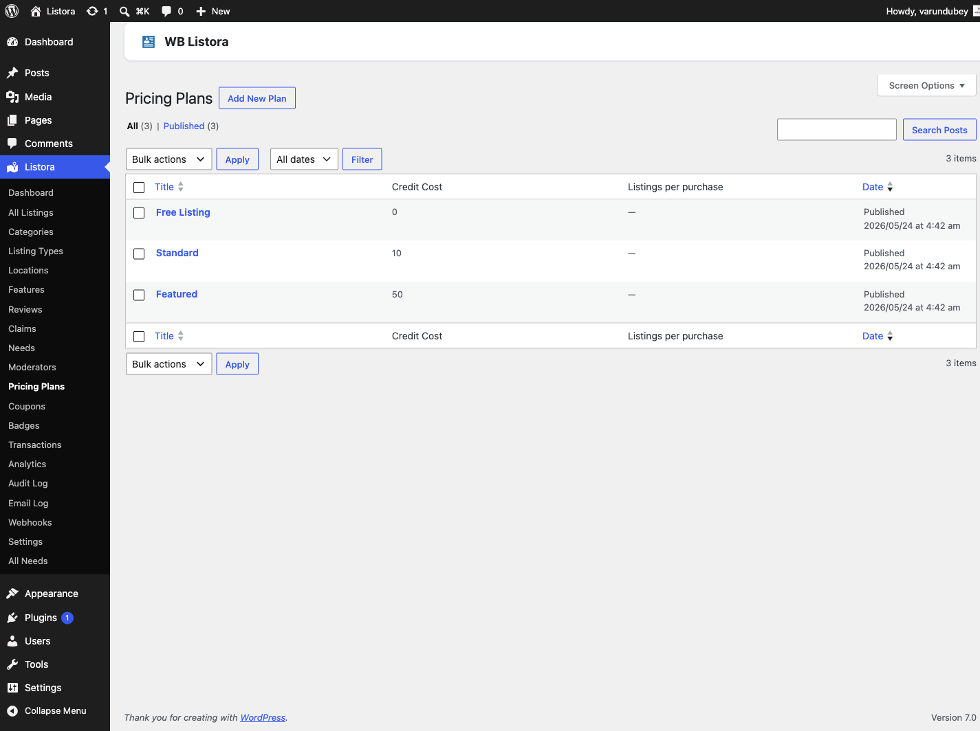 Pricing Plans — admin list with cost, duration, and perks per plan