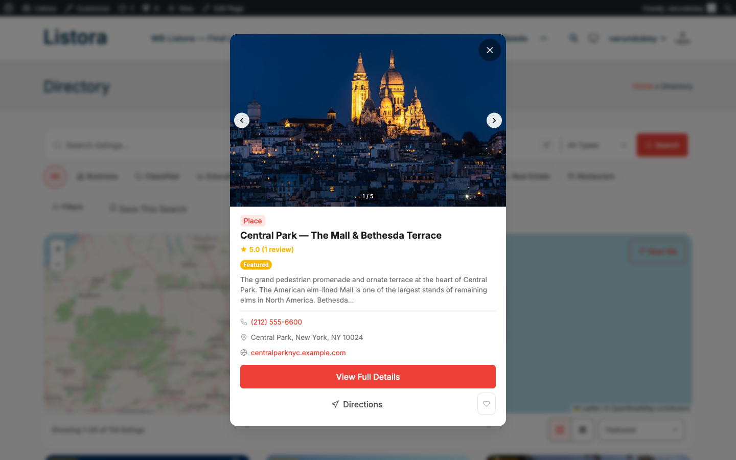 Quick View modal — listing preview overlay on the modernized 1.0.5 directory grid