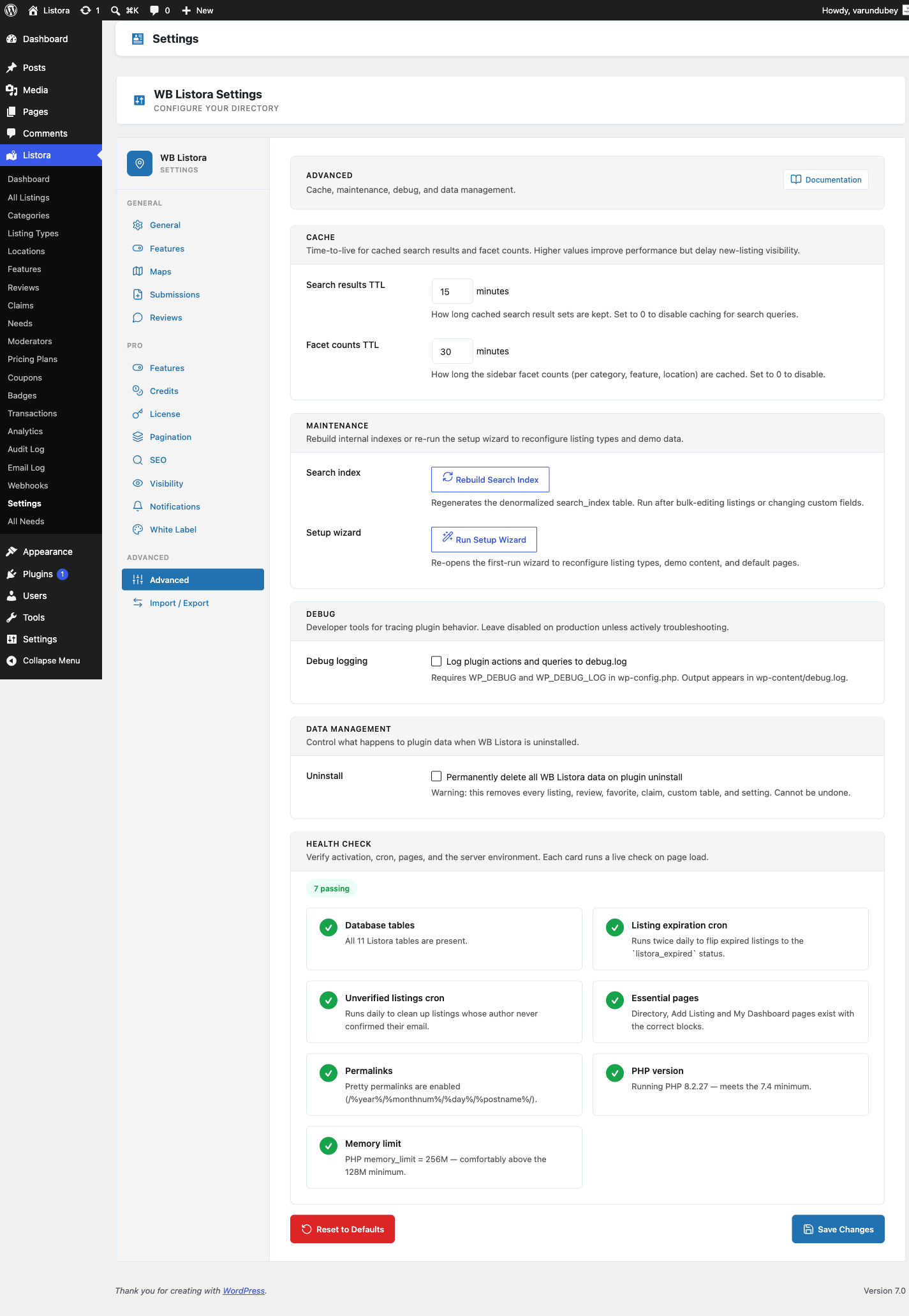 Advanced Settings — Cache, Maintenance, Debug, Data Management, Health Check sections