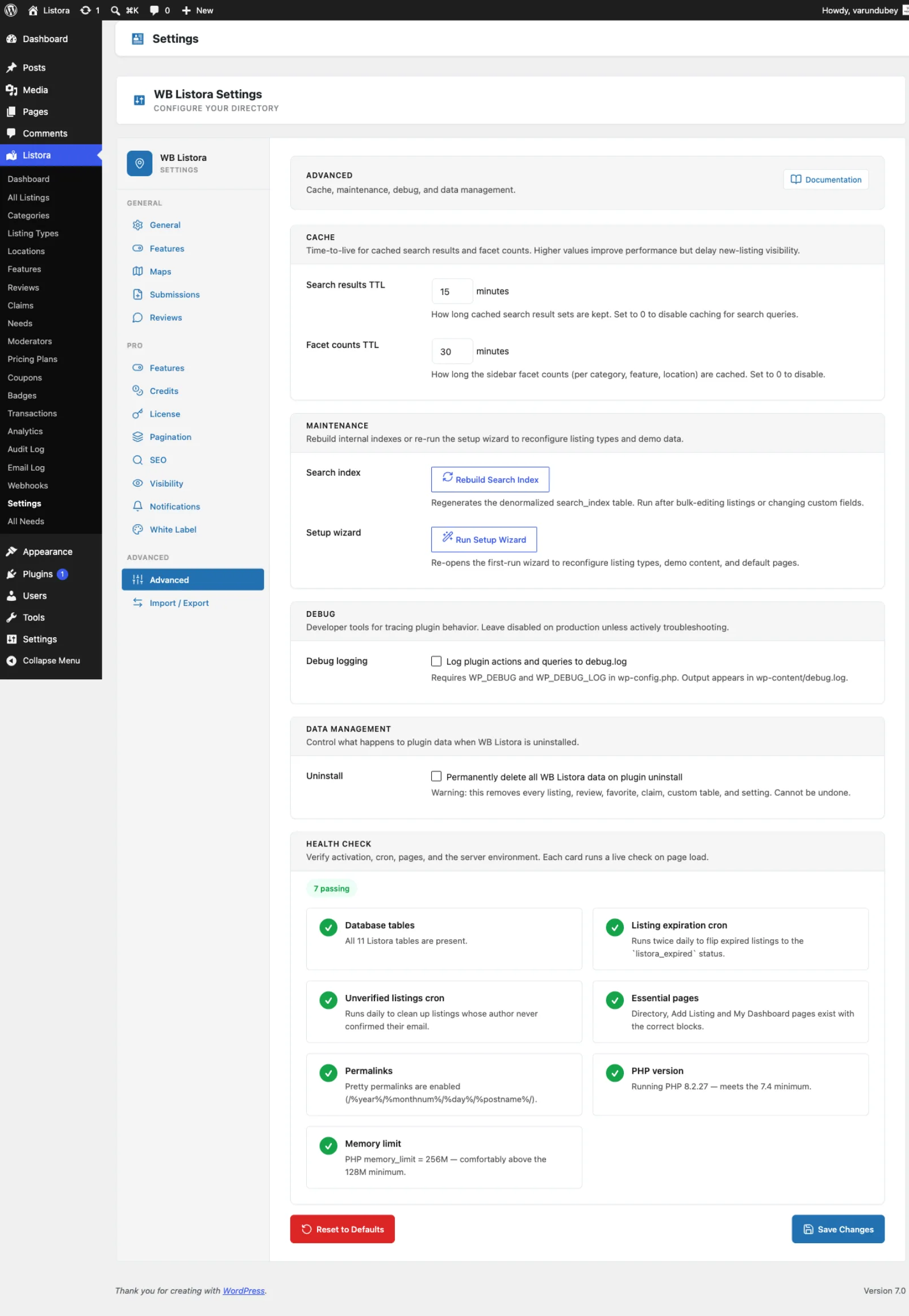 Advanced Settings - Cache, Maintenance, Debug, Data Management, Health Check sections