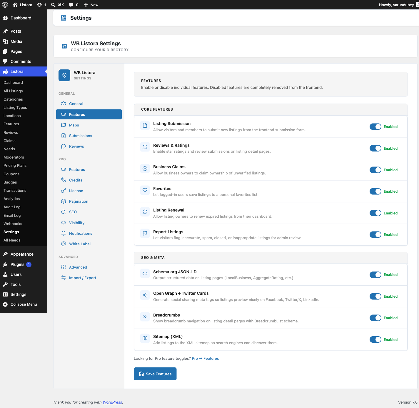 Features Toggles — grid of feature rows grouped by category with on/off switches