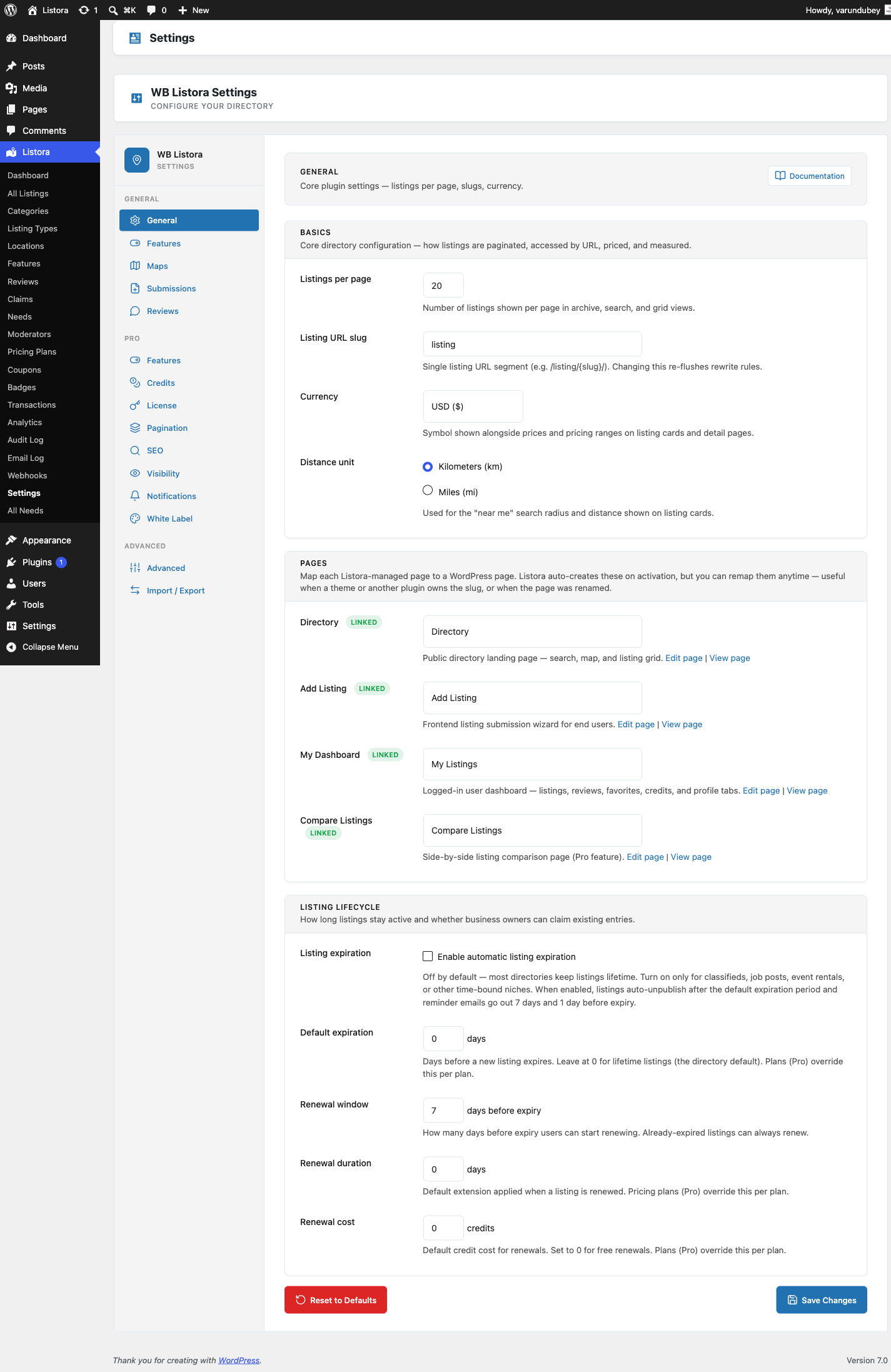 Settings General — admin UI screenshot (1.0.5)