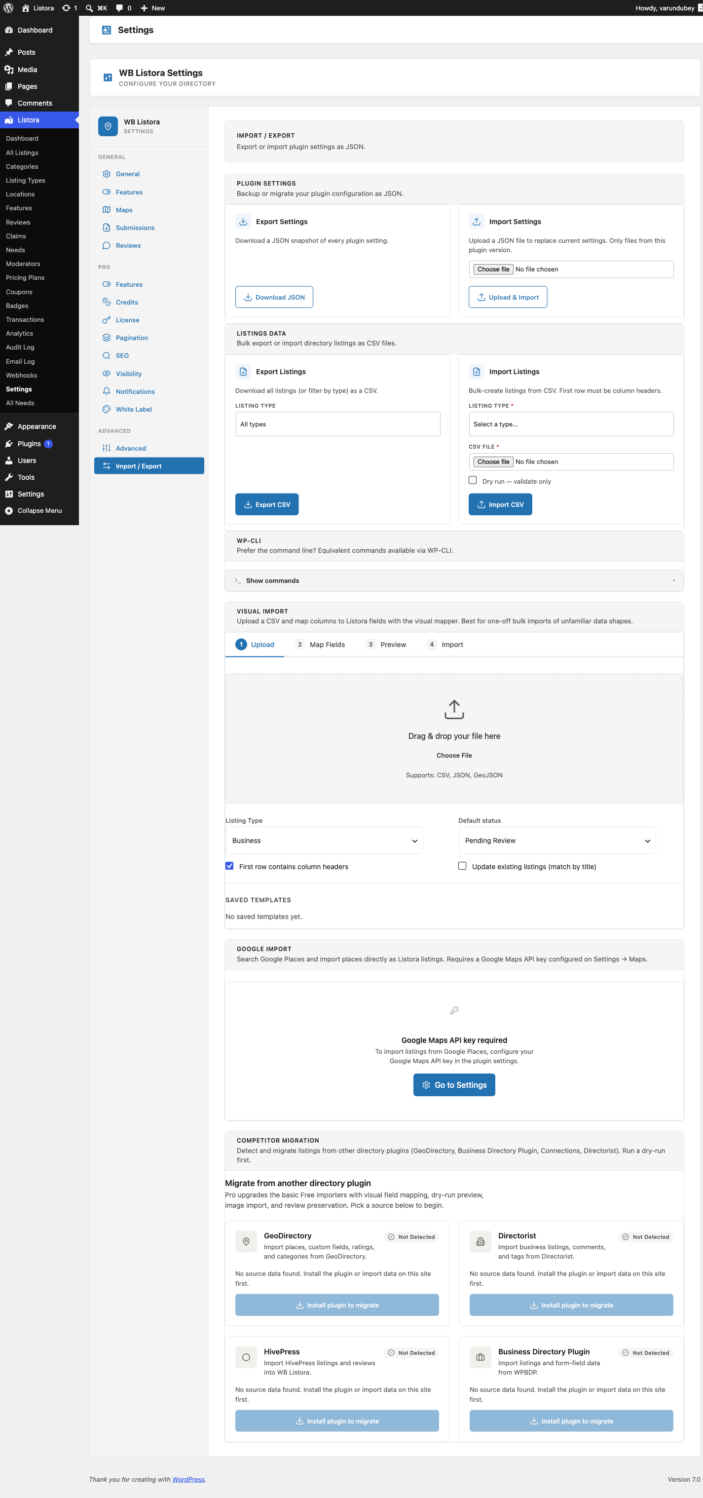 Import / Export Settings — Plugin Settings JSON cards + Listings Data CSV cards + WP-CLI panel