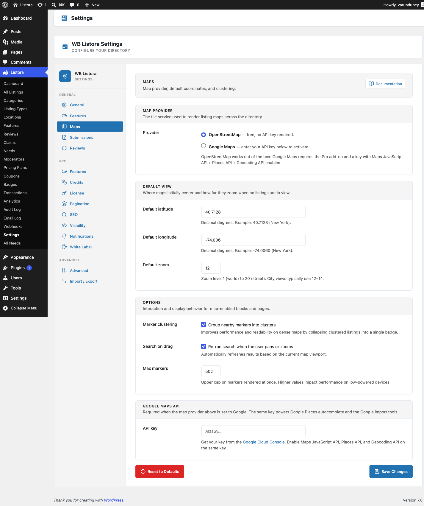 Settings Map — admin UI screenshot (1.0.5)