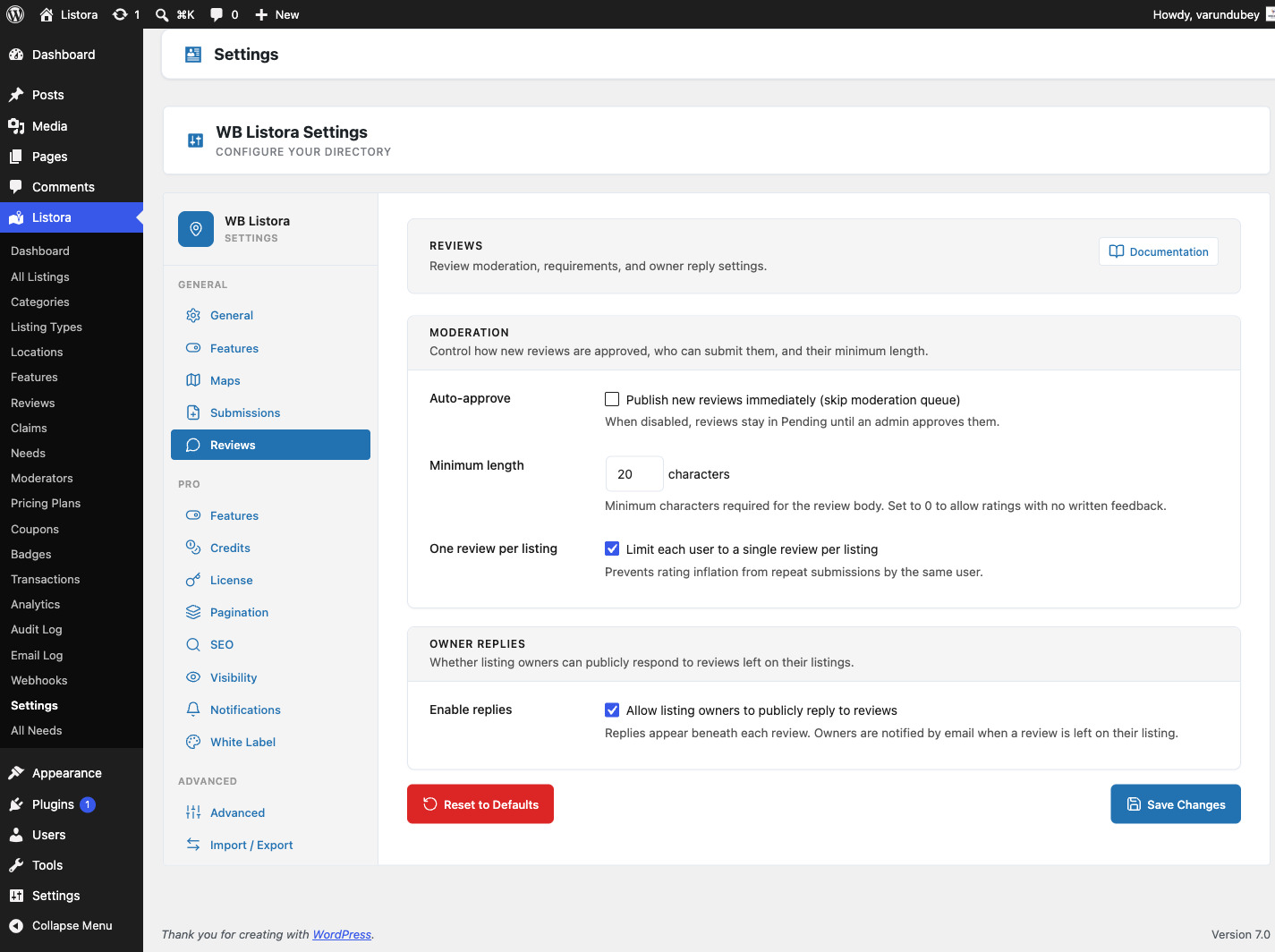 Reviews Settings — Moderation + Owner Replies blocks with toggle controls