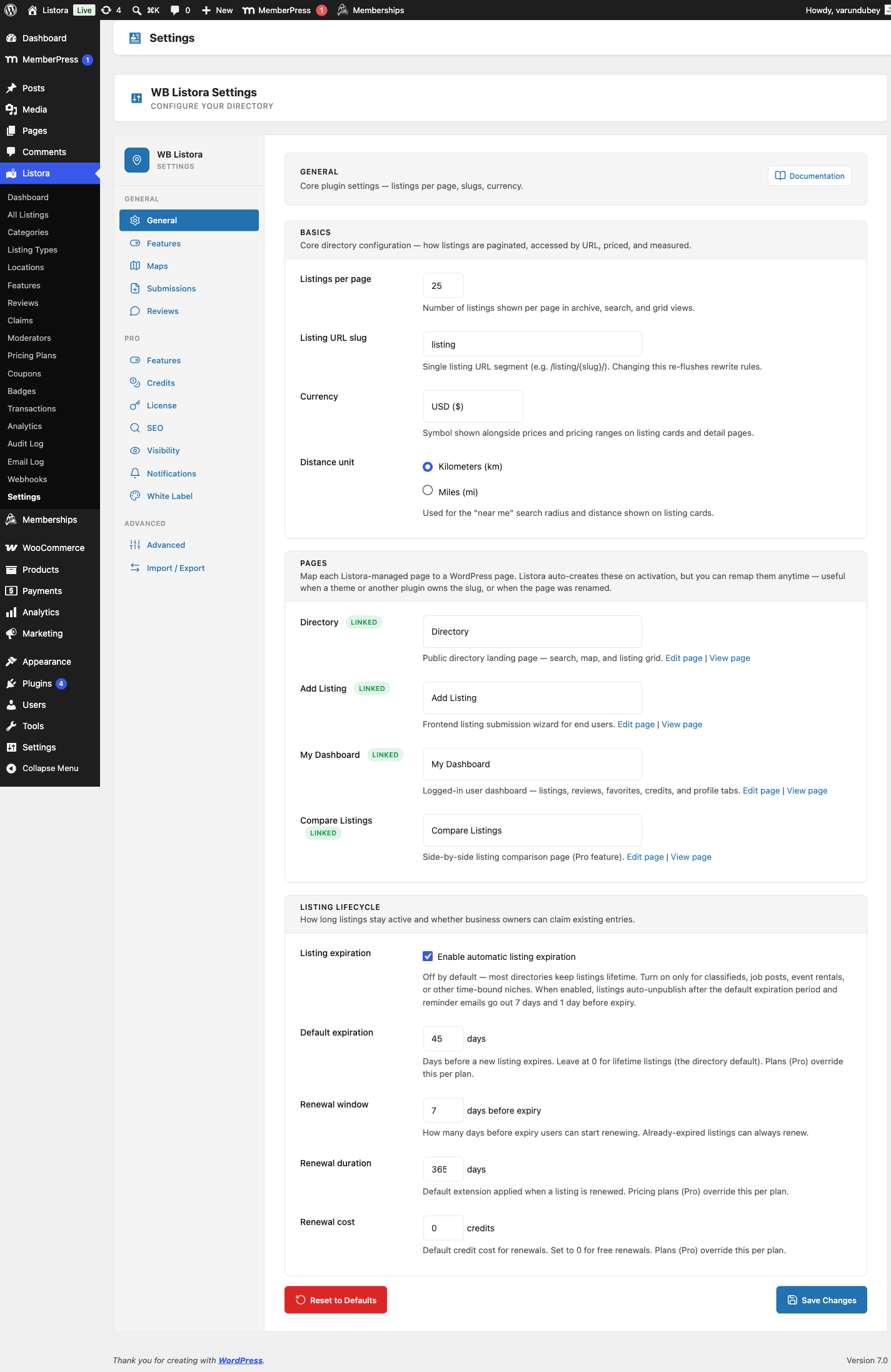 Settings Search — admin UI screenshot (1.0.5)