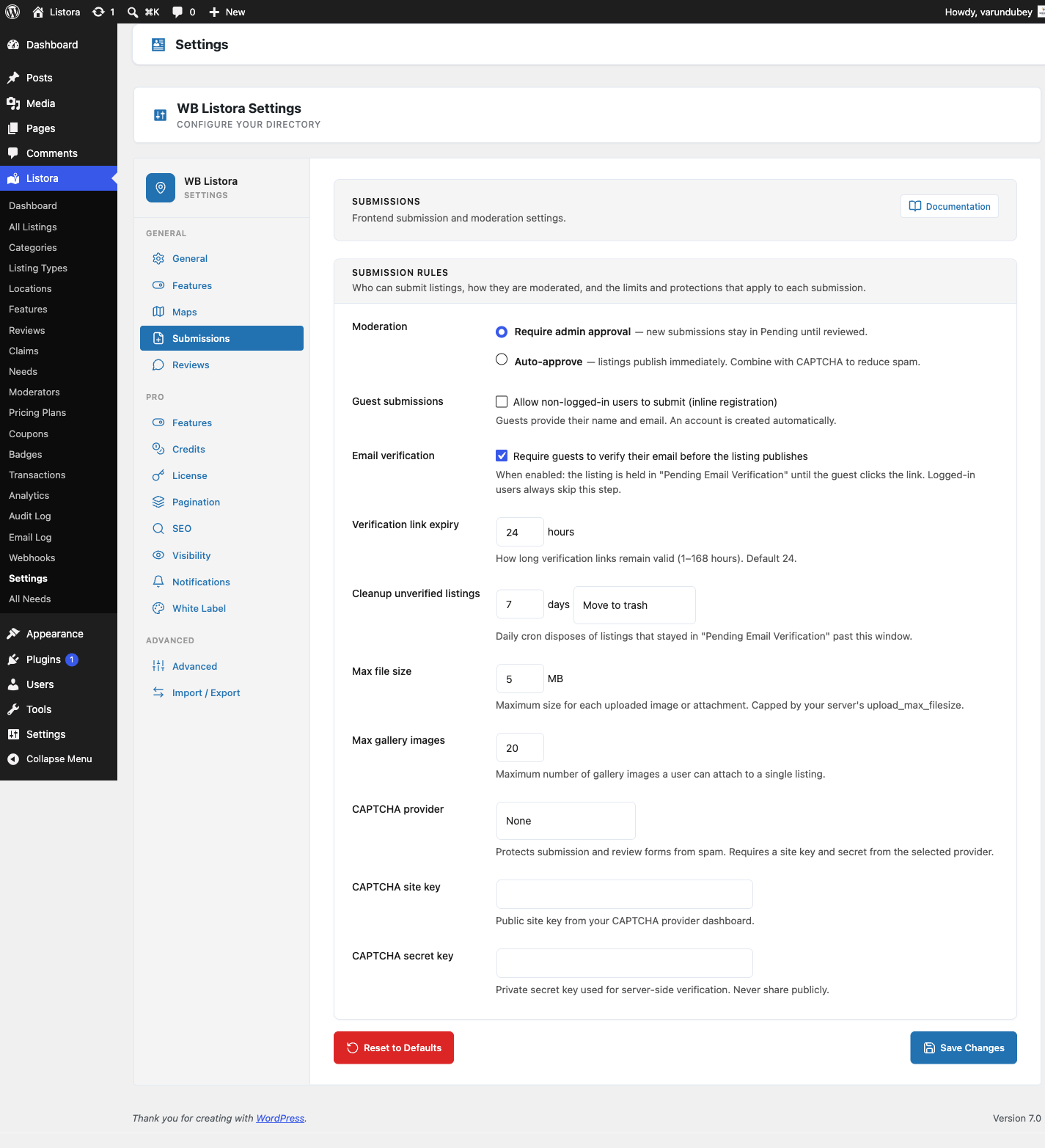 Spam Protection — Settings tab showing CAPTCHA, Akismet, blacklist, rate-limit toggles