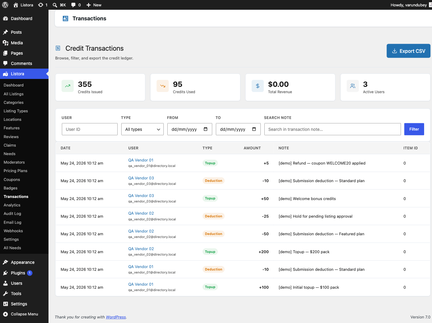 Transactions admin — credit purchases + plan activations with gateway, amount, and status
