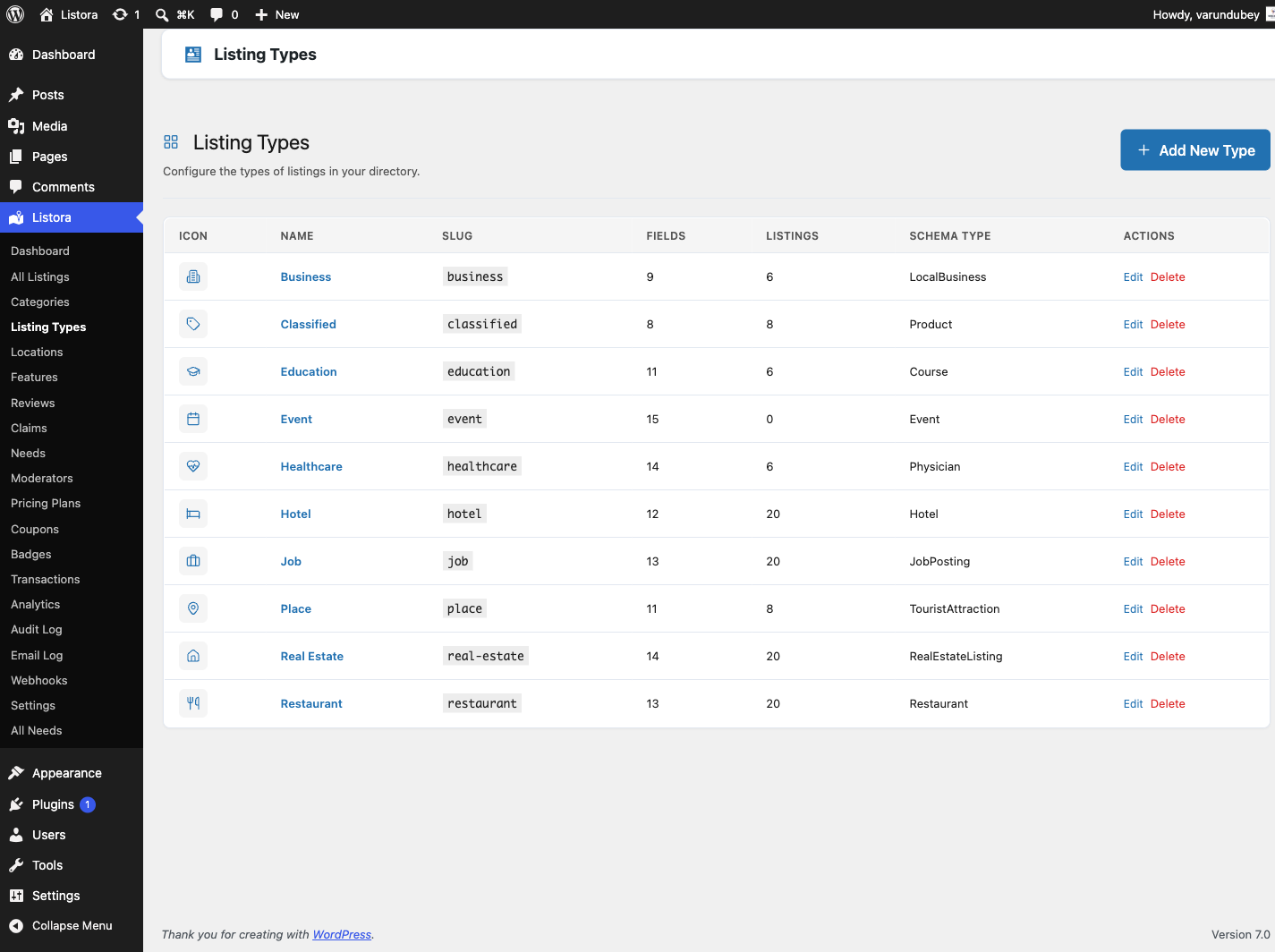 Listing Type Editor — list view with icon, name, slug, fields, schema columns