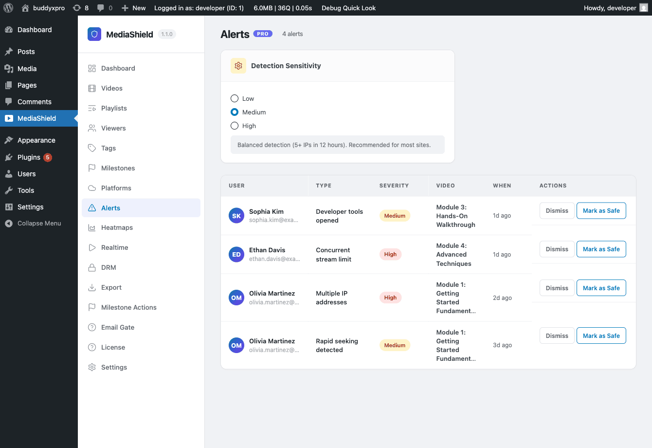 MediaShield Pro suspicious activity alerts dashboard