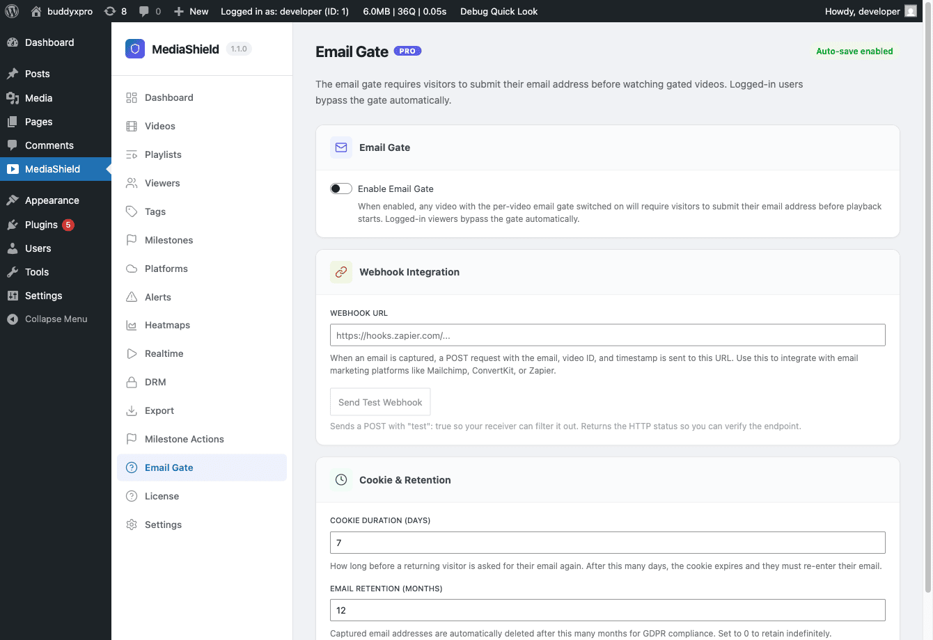 MediaShield Pro email gate settings with webhook integration