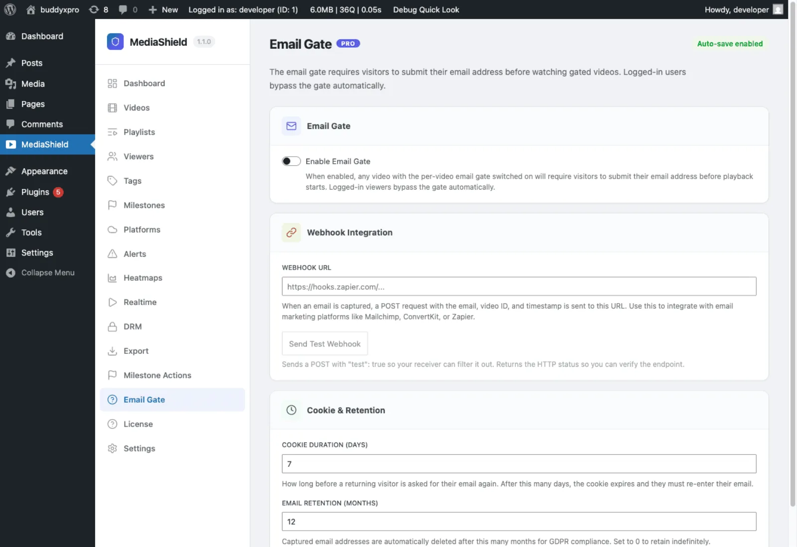 MediaShield Pro email gate settings with webhook integration