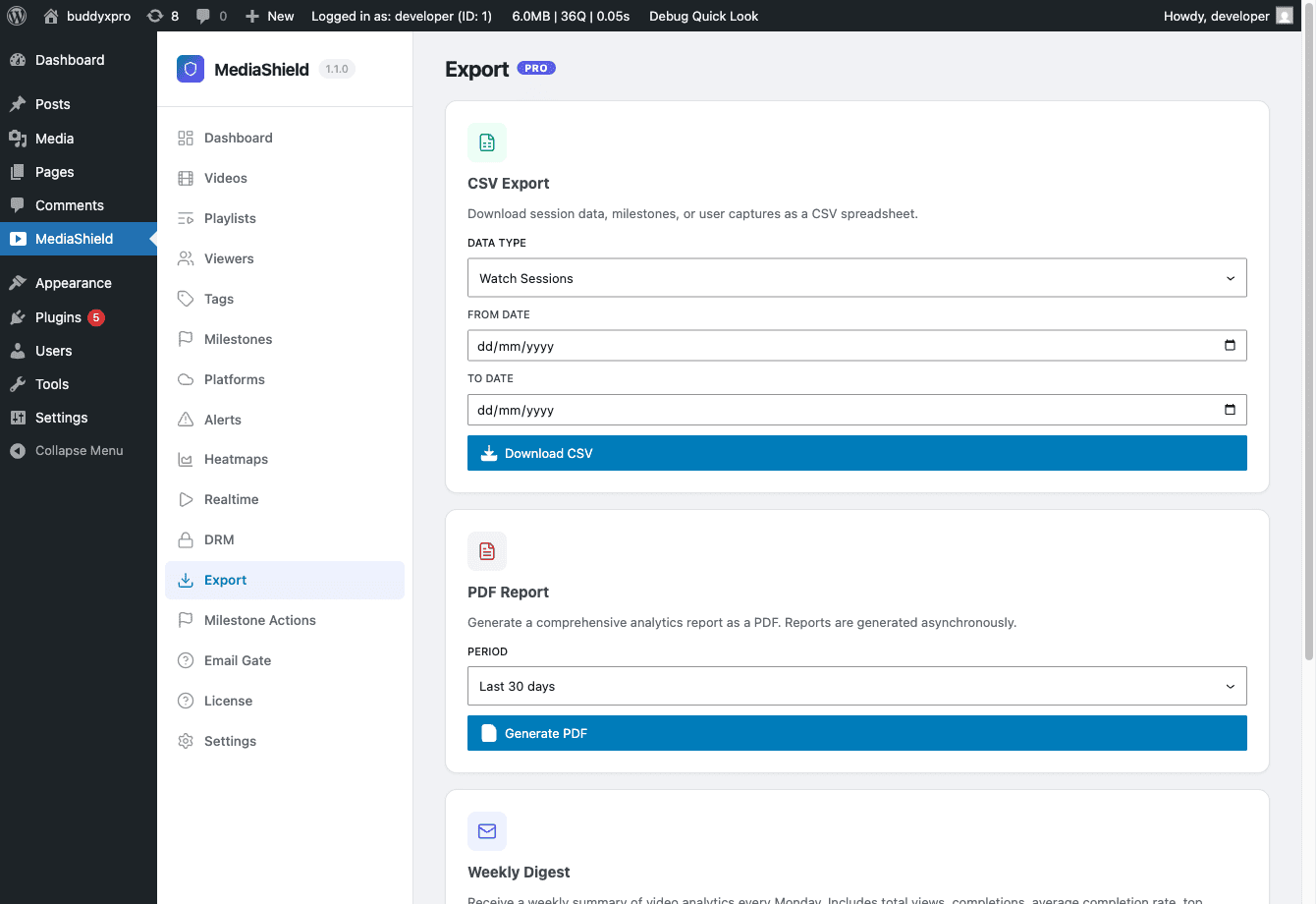 MediaShield Pro export panel for CSV and PDF reports