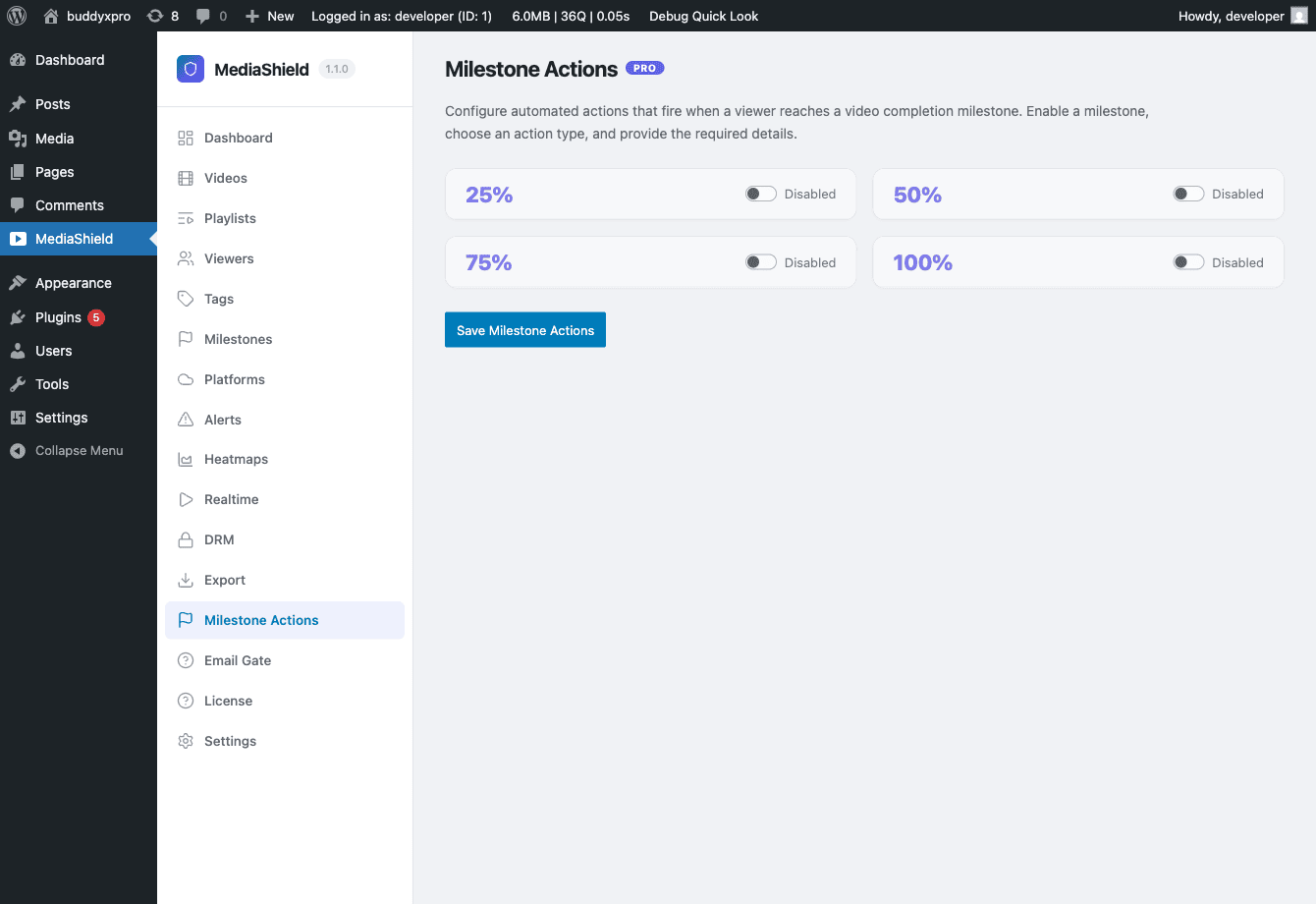 MediaShield Pro milestone actions for webhooks, email, and tagging