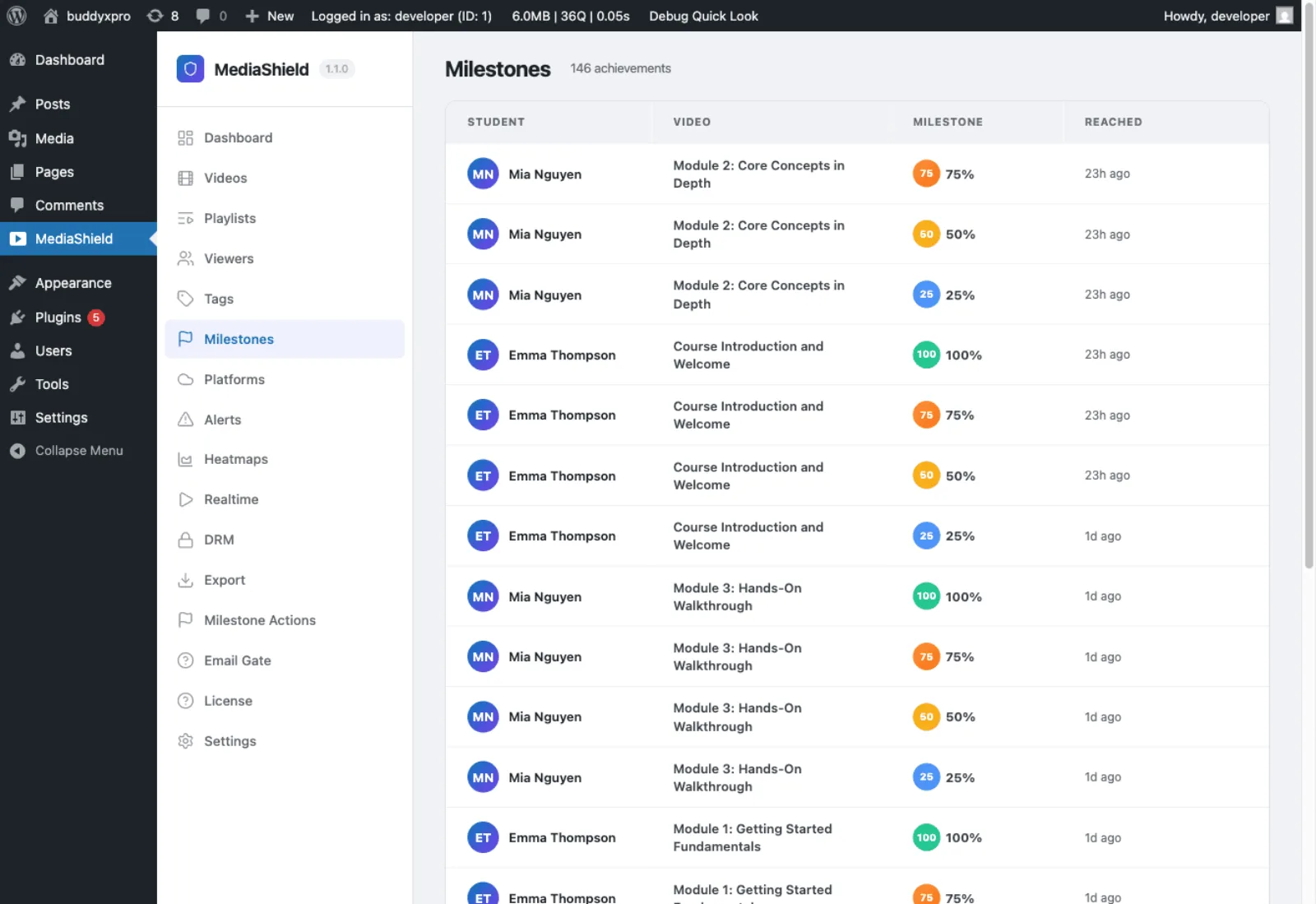 MediaShield milestones configuration with completion thresholds and tags