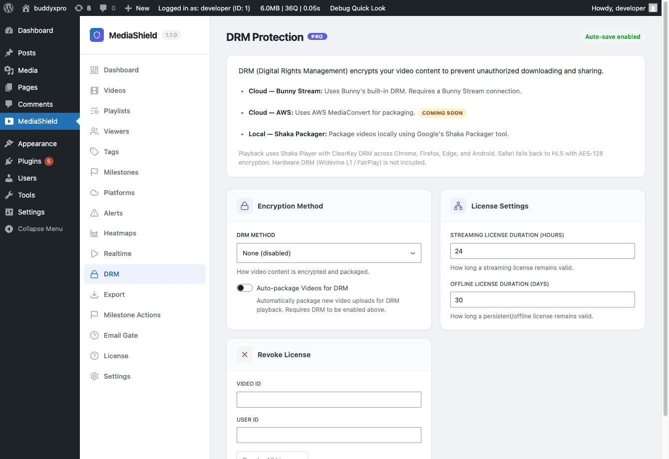 MediaShield Pro DRM settings page showing DRM method selection, packager path, and license duration options