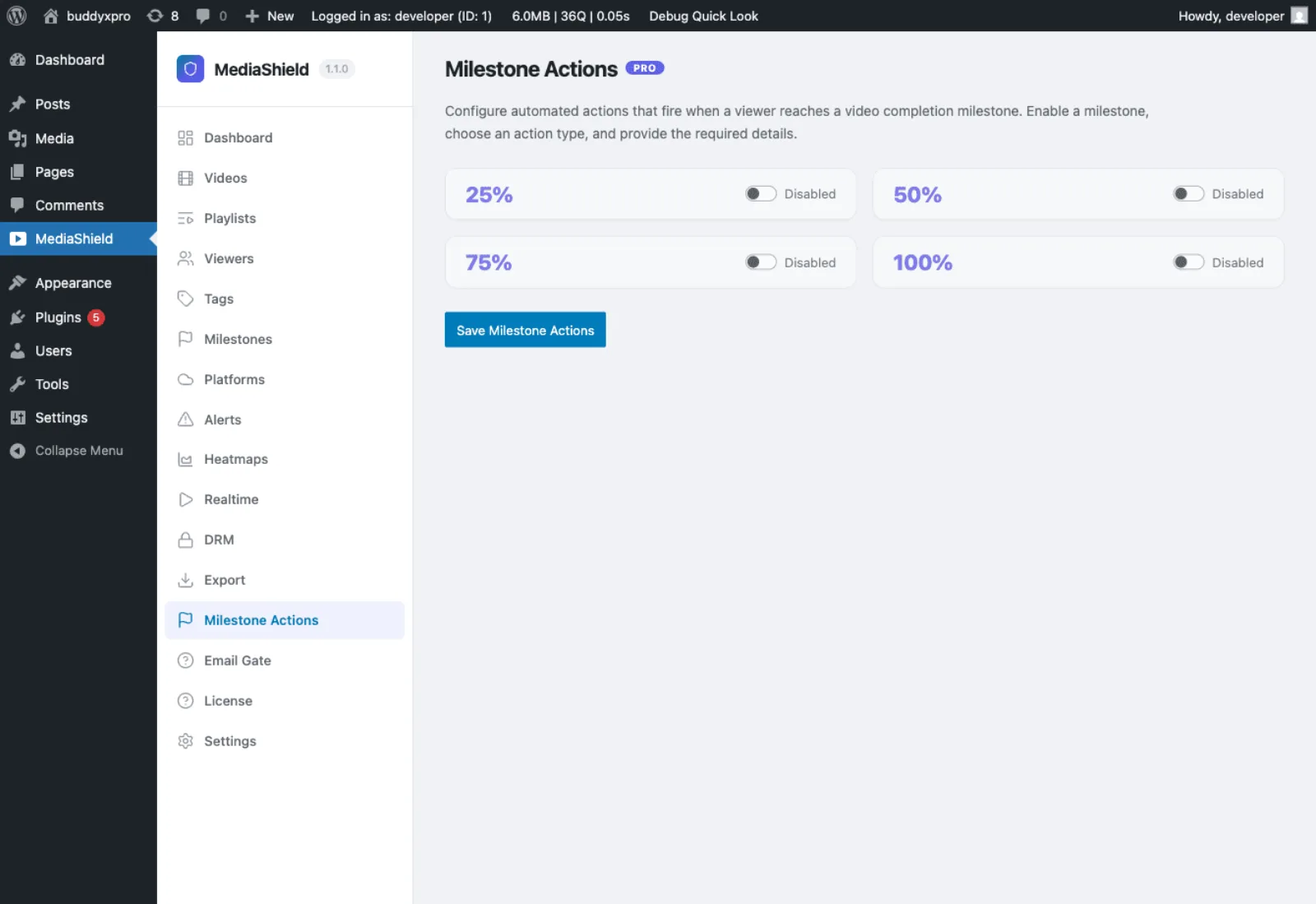 MediaShield Pro Milestone Actions configuration page showing action rows with milestone percentage, action type, and target fields
