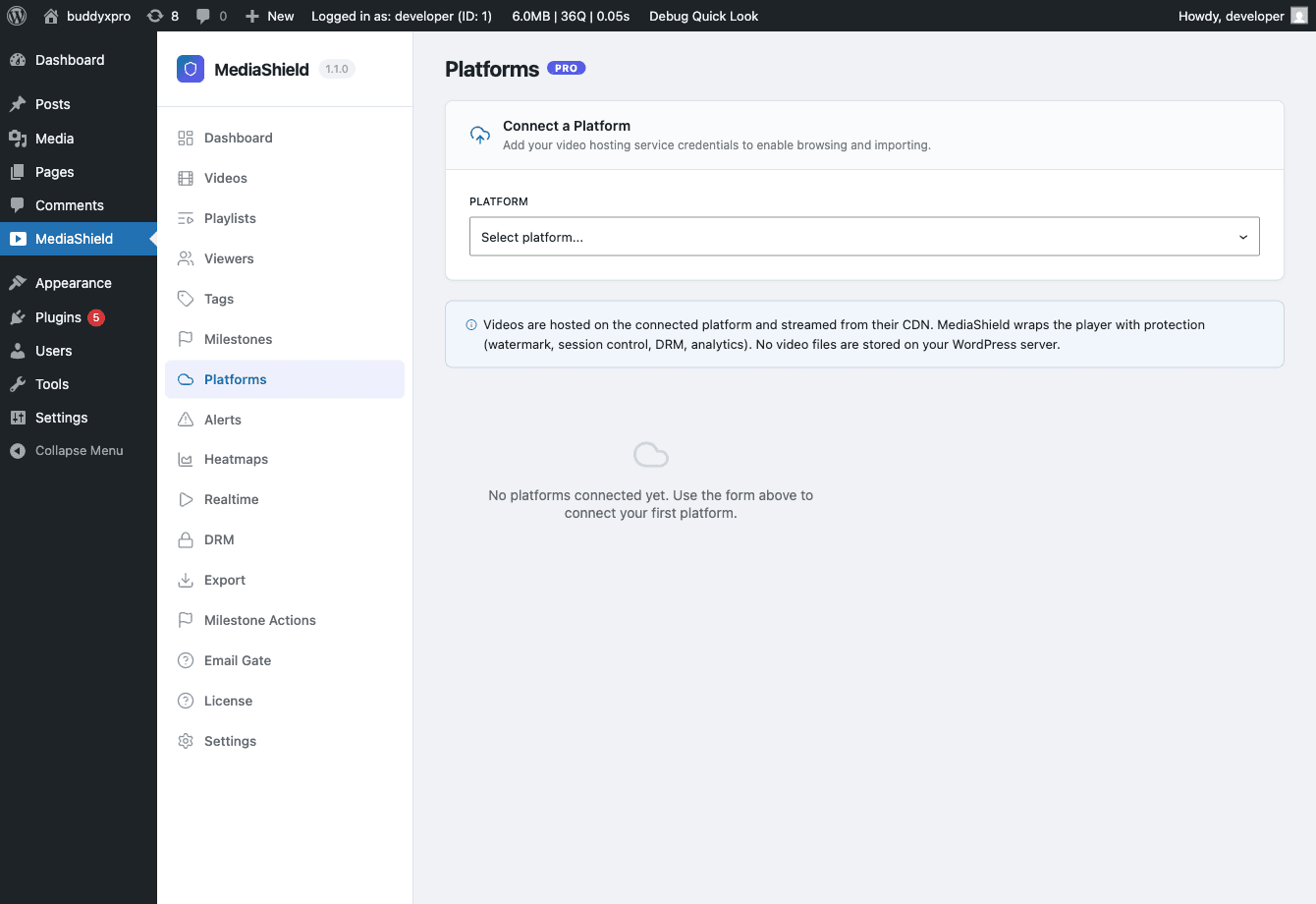 MediaShield Pro Platforms page with a "Connect a Platform" dialog showing available platform options