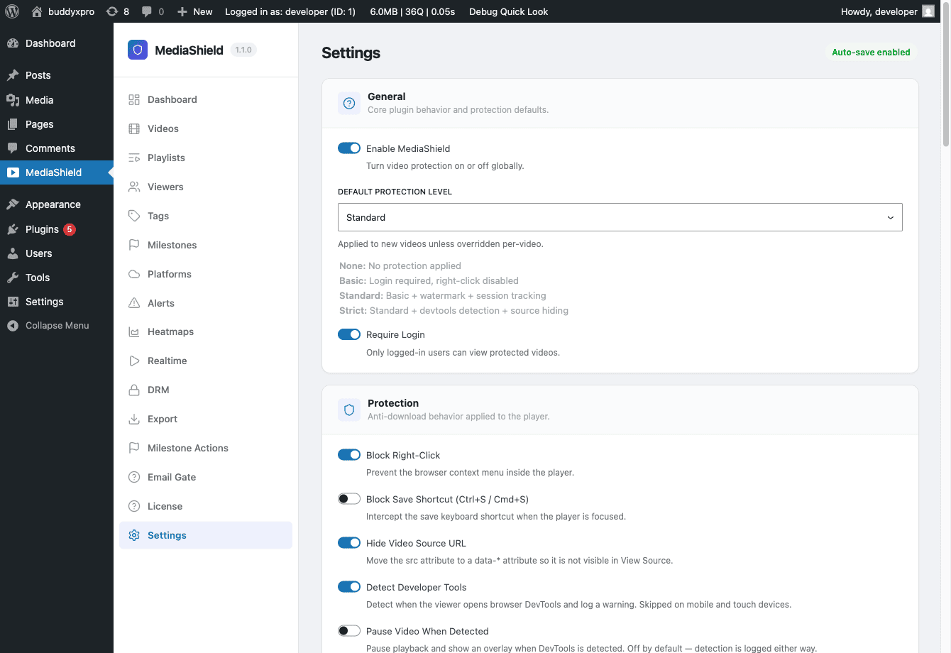 The MediaShield plugin Settings page showing General, Watermark, Access Control, and Player Controls sections