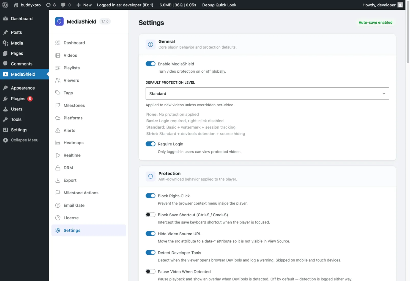 MediaShield settings panel for watermark, protection, player, and access control