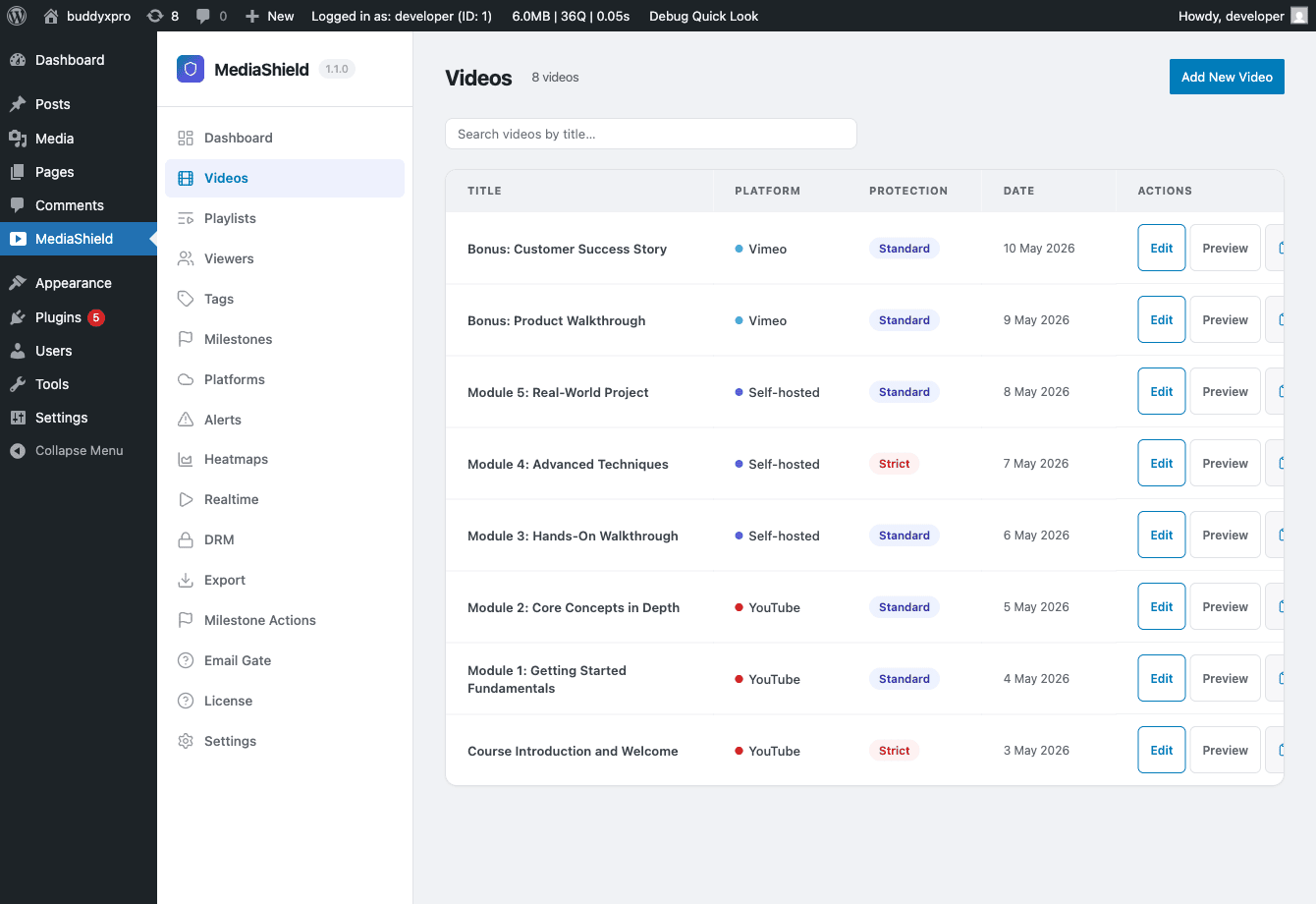MediaShield Videos admin list showing 8 videos across YouTube, Vimeo, and self-hosted with Standard and Strict protection badges