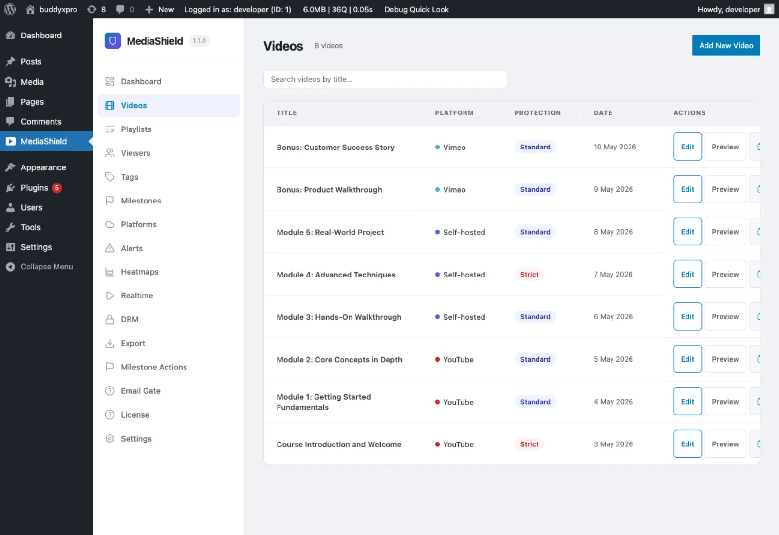 MediaShield videos list showing protected videos and their platforms