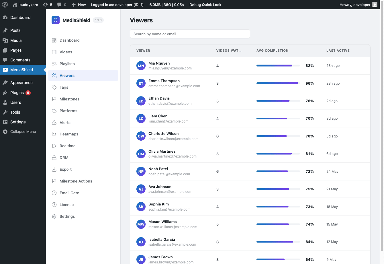 MediaShield Viewers page listing 12 students with completion progress bars and last-active timestamps