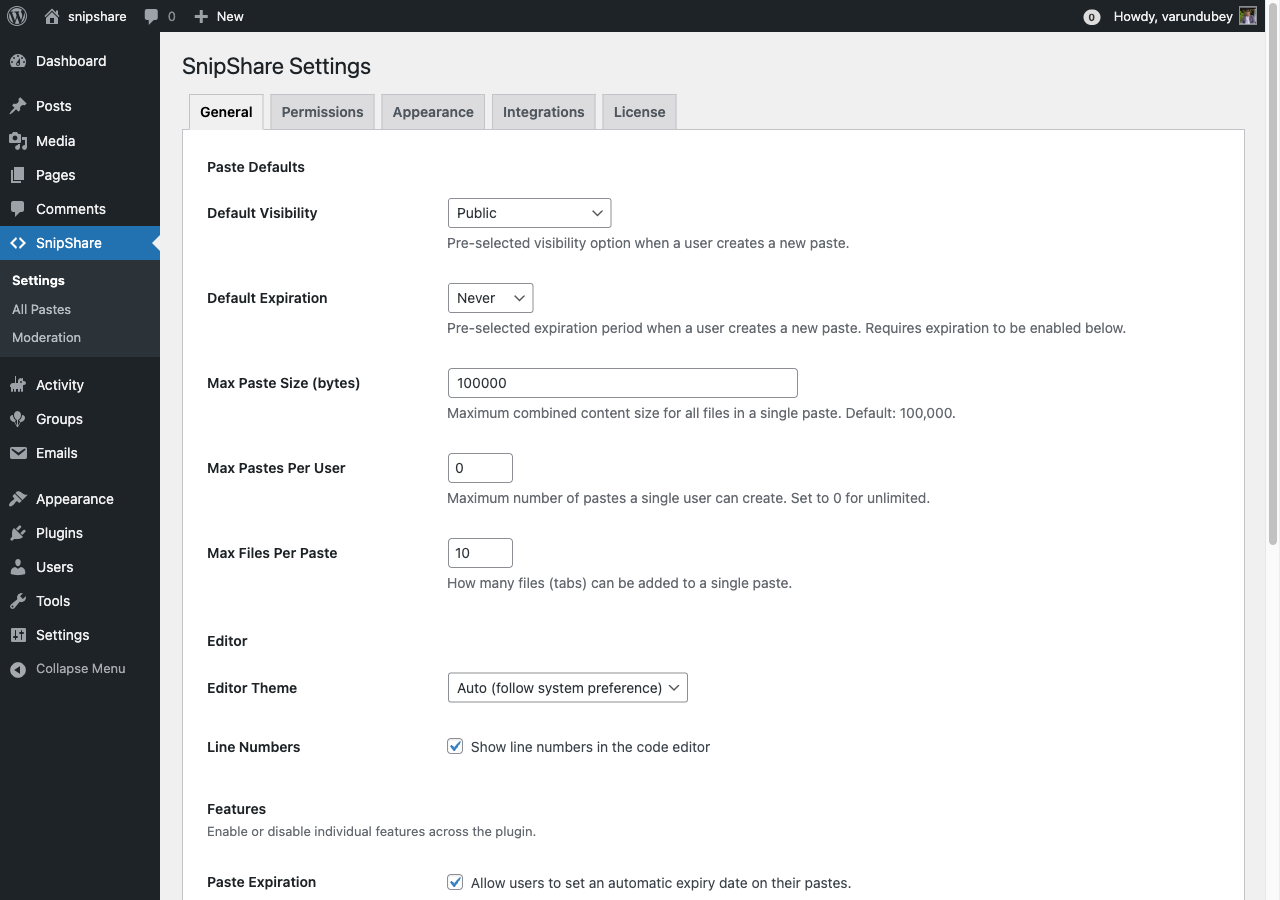 Admin settings panel