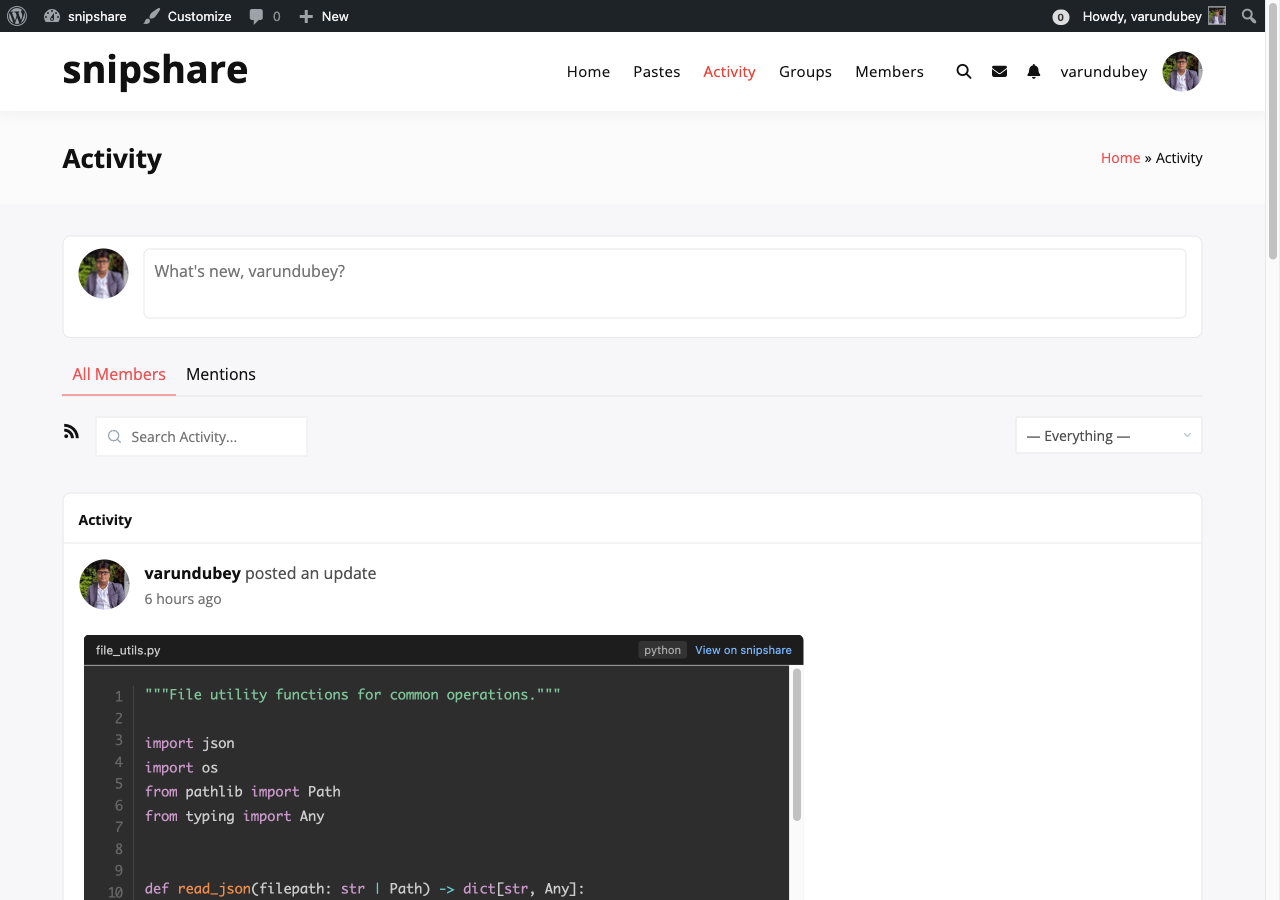 BuddyPress activity feed with SnipShare paste
