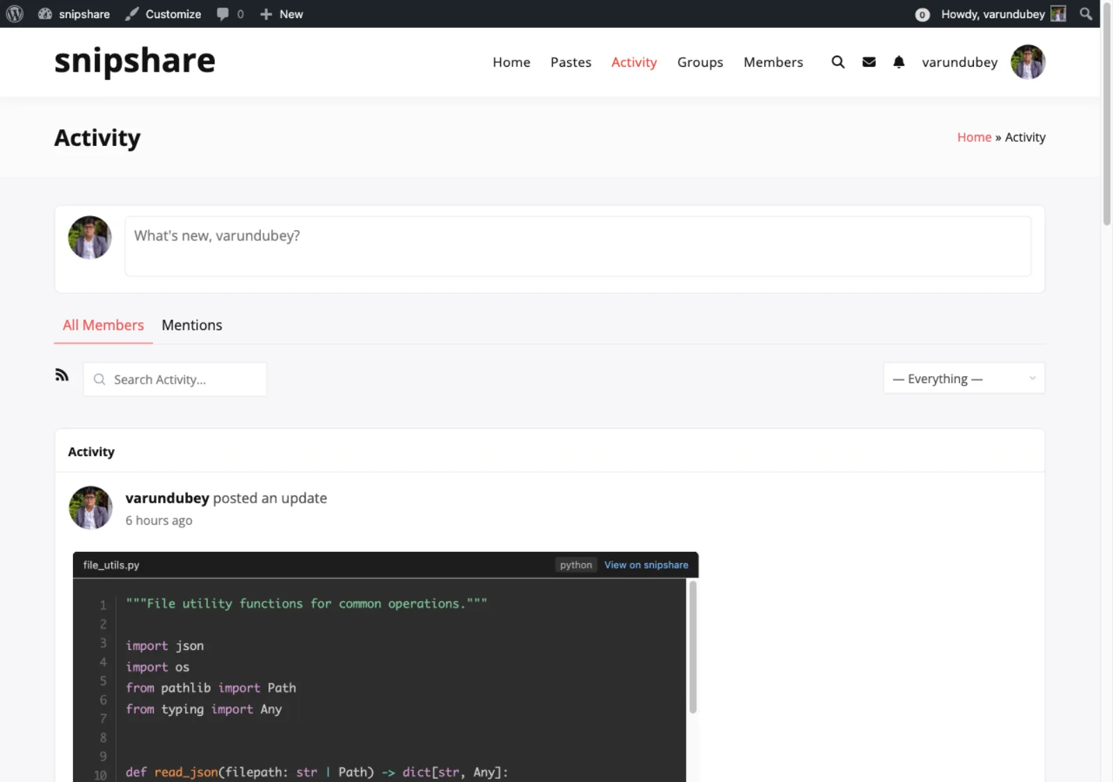 BuddyPress activity feed with paste