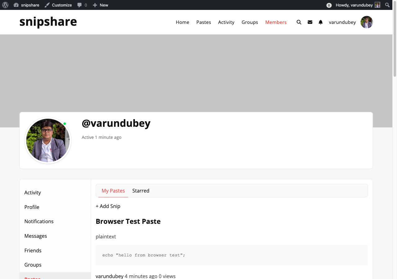 BuddyPress member profile Pastes tab