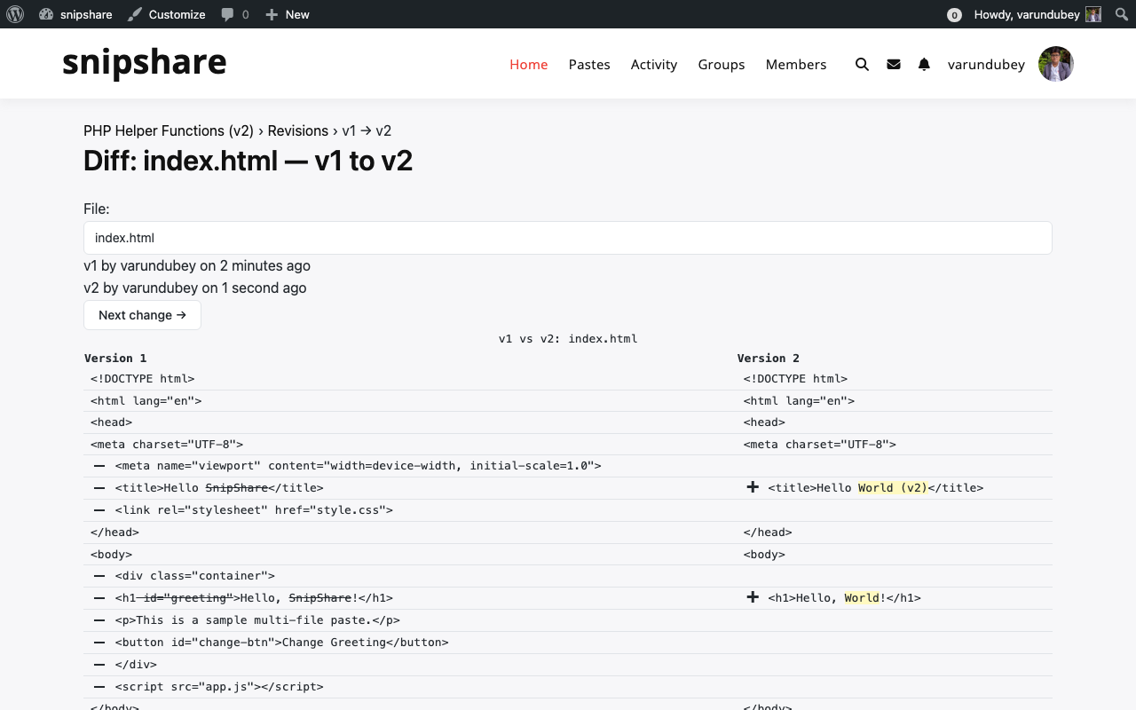 Diff view between two versions