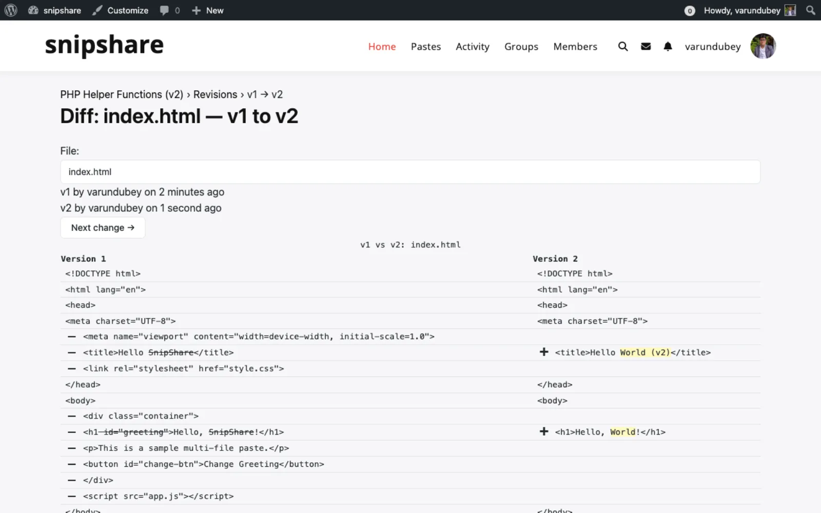 Diff view showing changes between versions