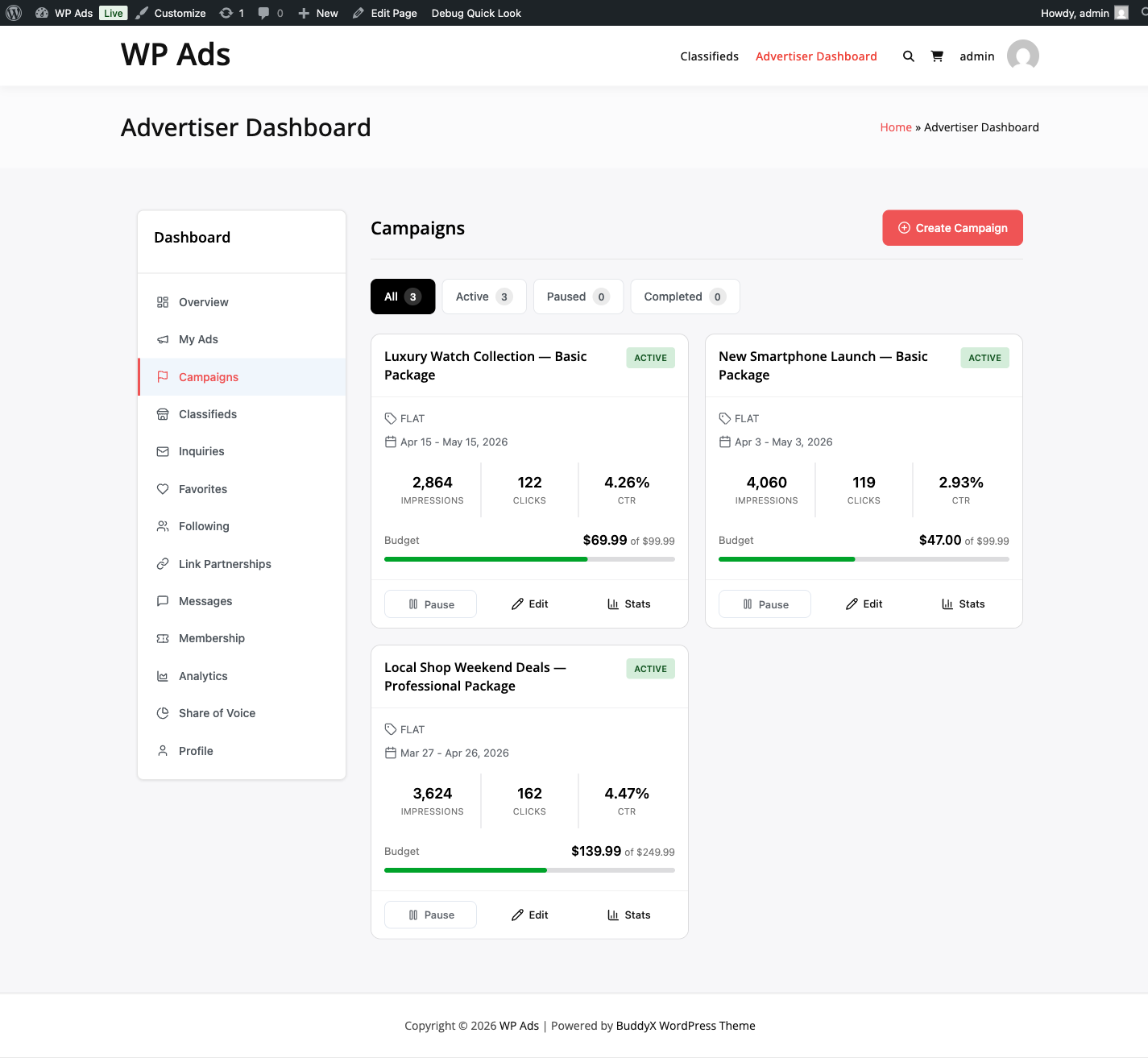 Advertiser portal Campaigns tab with 3 running campaigns