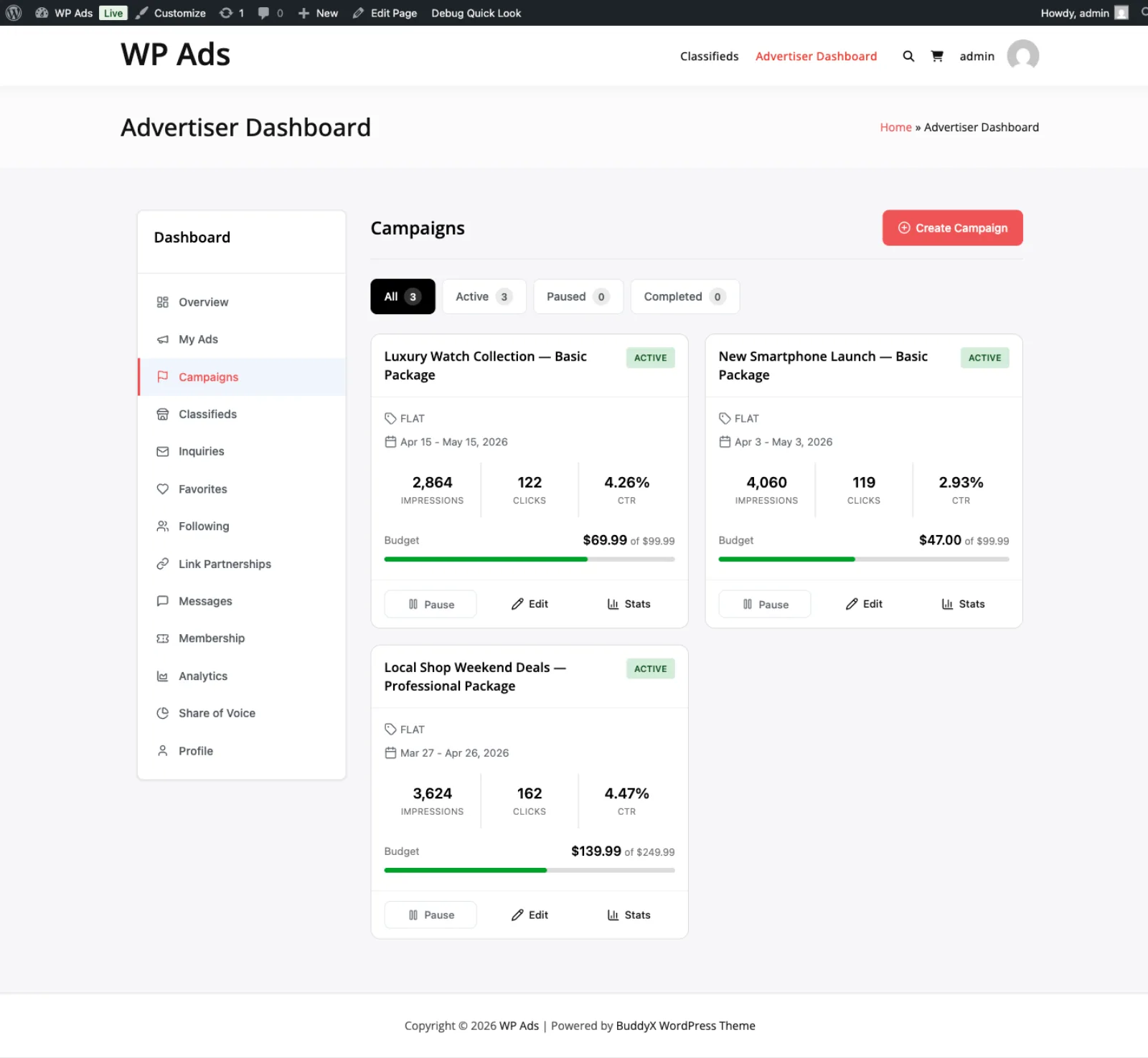 Advertiser portal Campaigns tab with 3 running campaigns