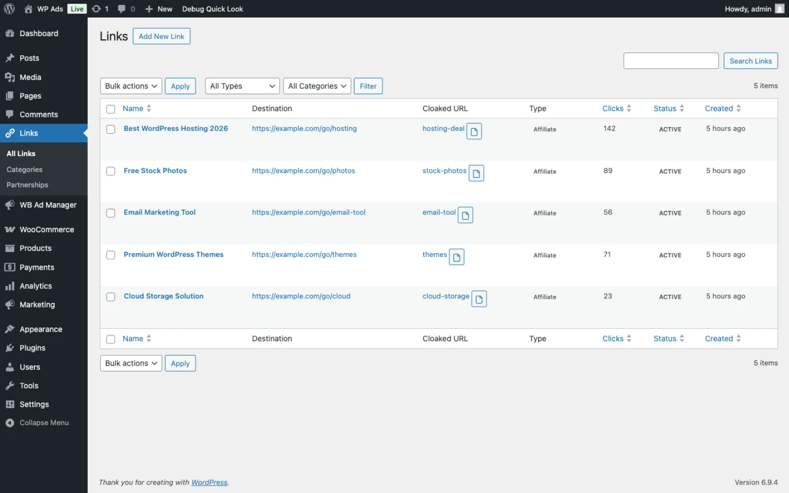 Links list with populated click counts per cloaked link