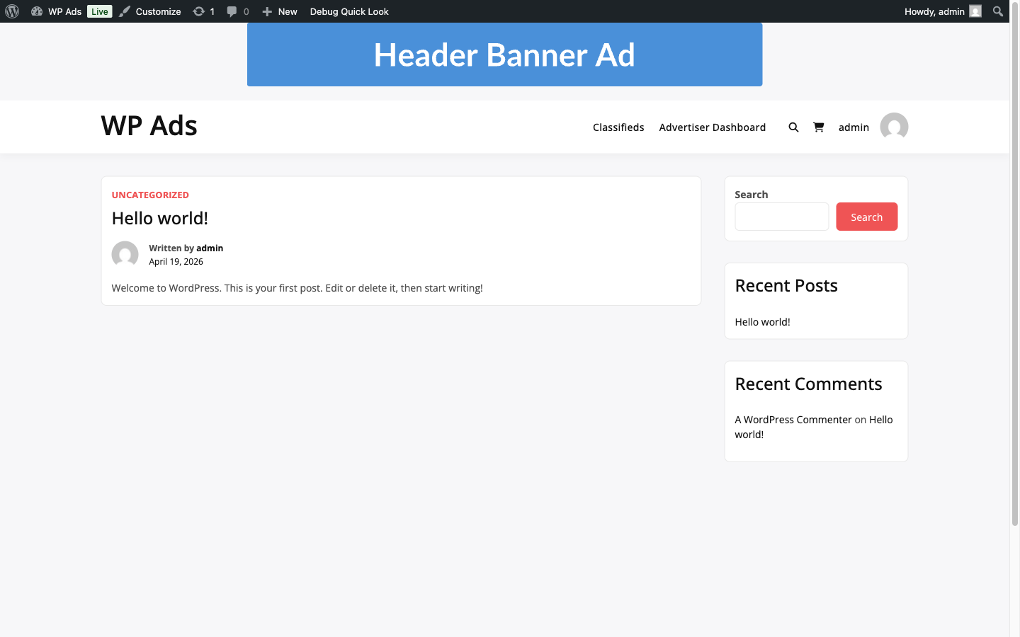 Home page rendering a header banner ad after first publish