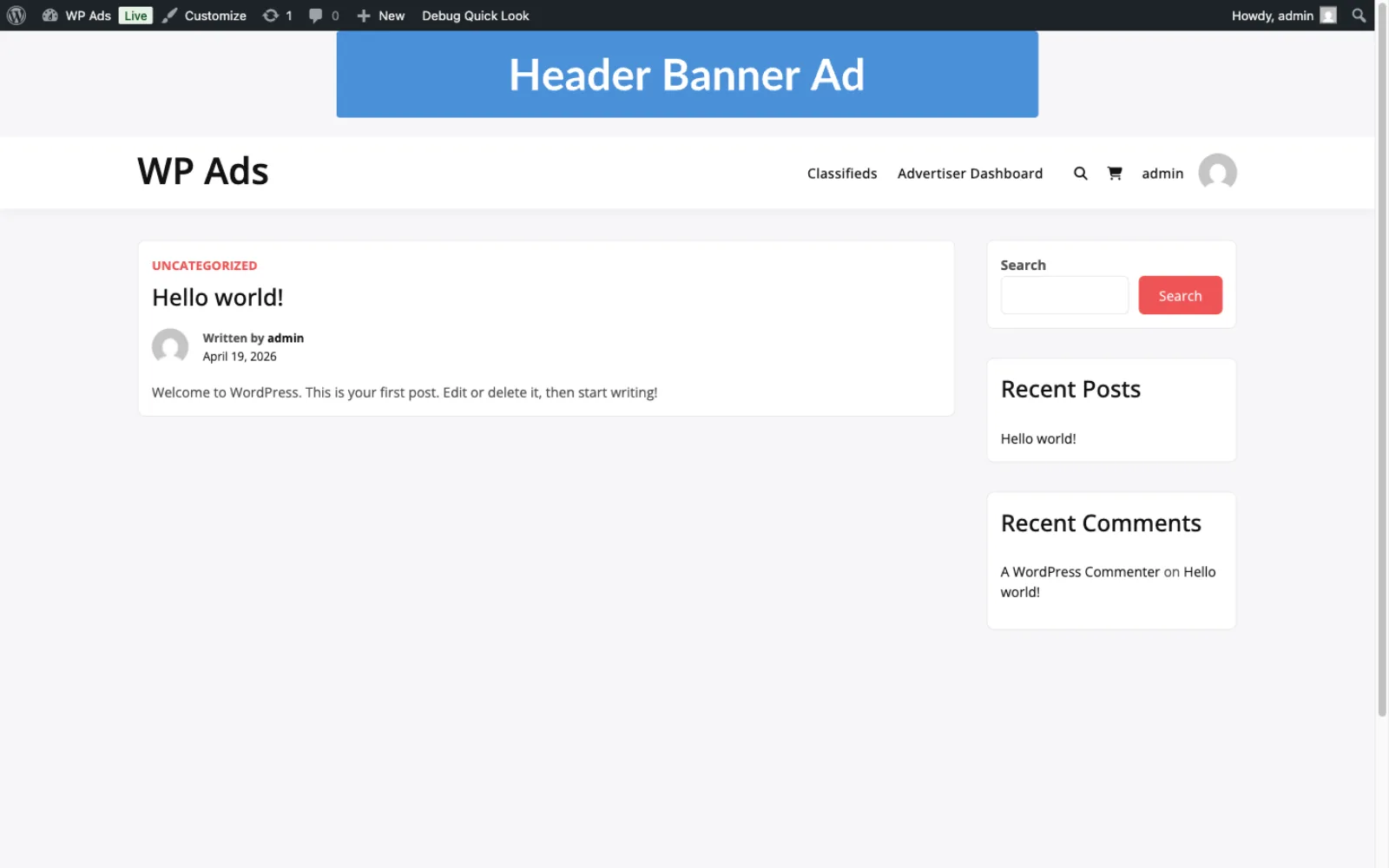 Home page rendering a header banner ad after first publish