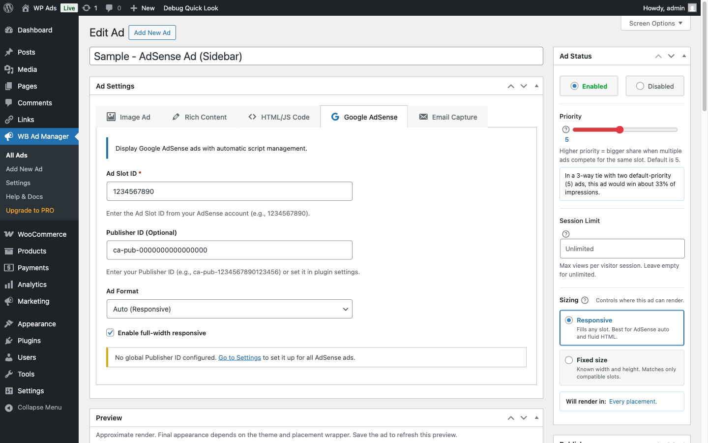 AdSense ad editor with Publisher ID and unit configuration