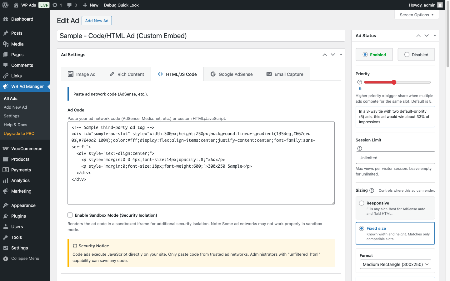 HTML / JavaScript code ad editor
