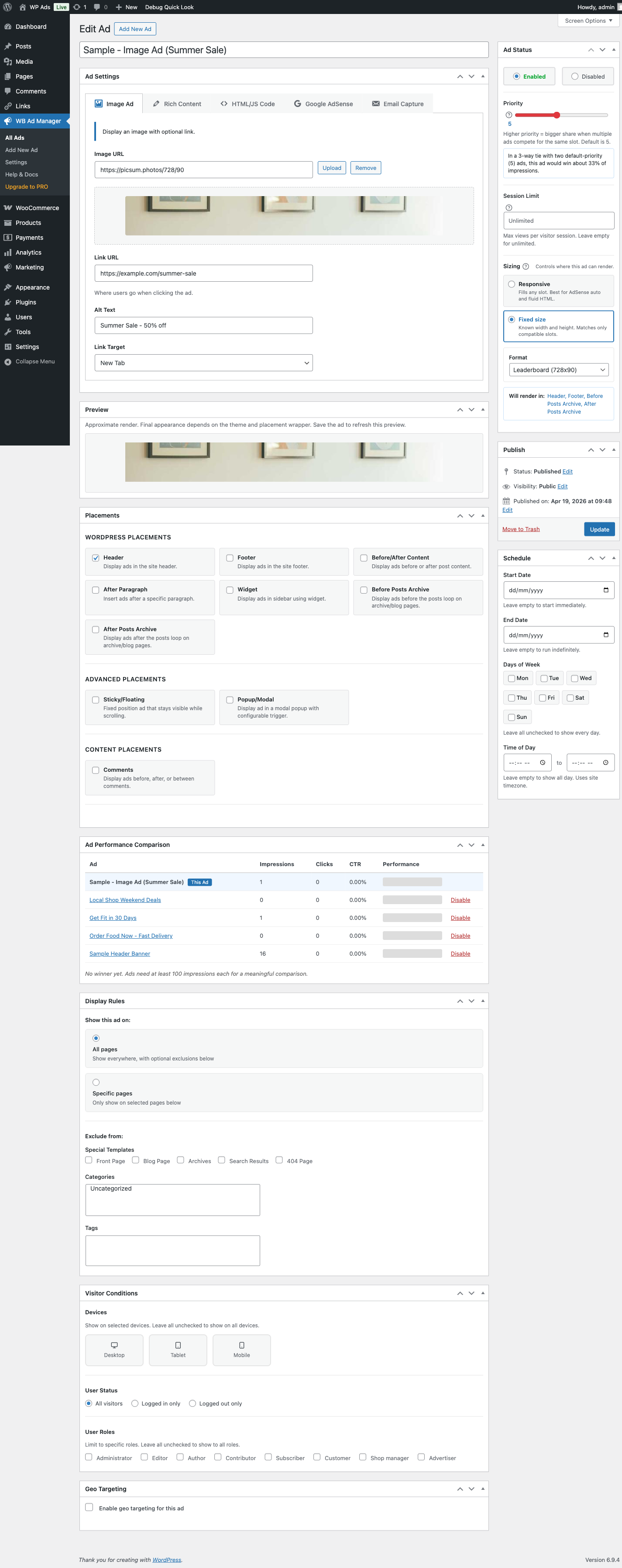 Image ad editor with placement and targeting options