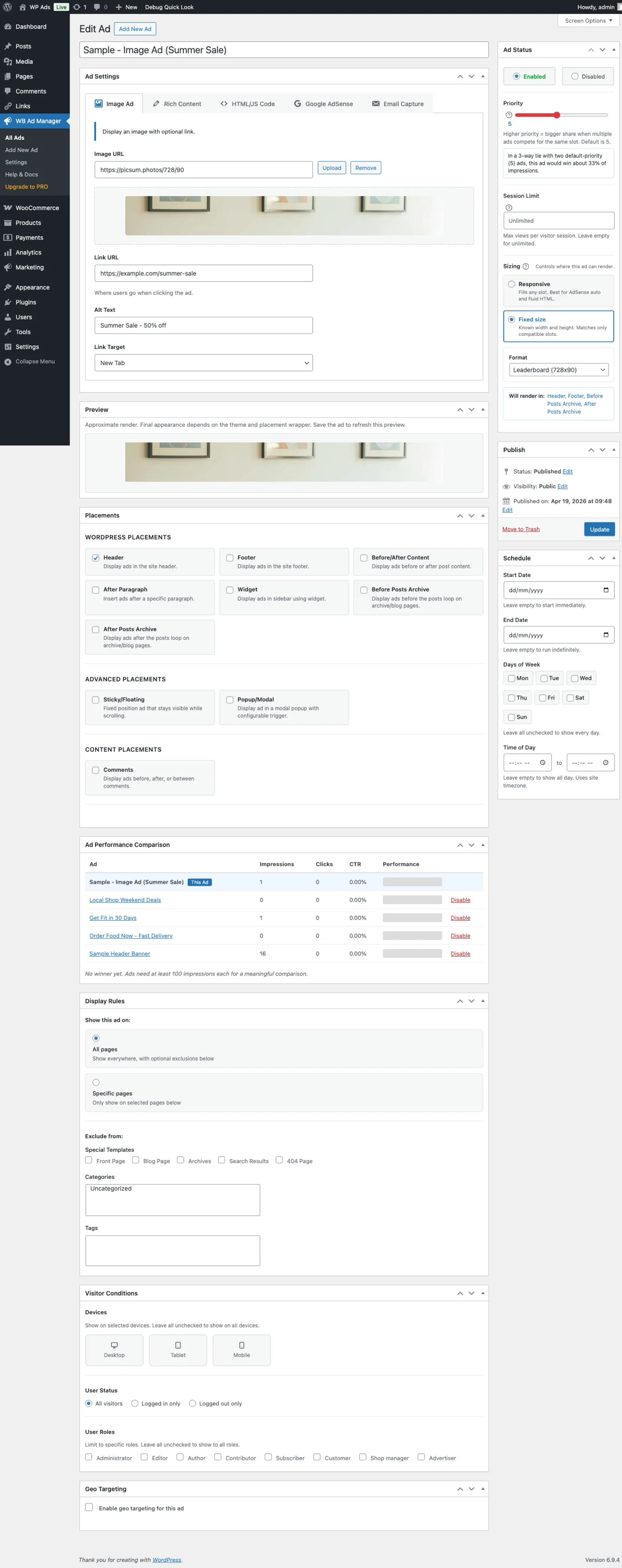 Image ad editor with preview + placements