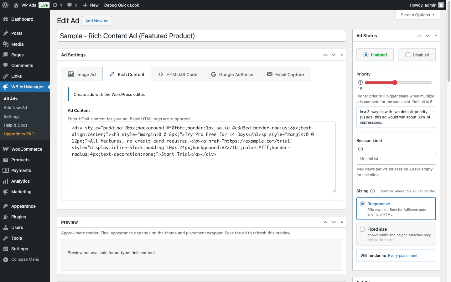 Rich content ad editor with WYSIWYG